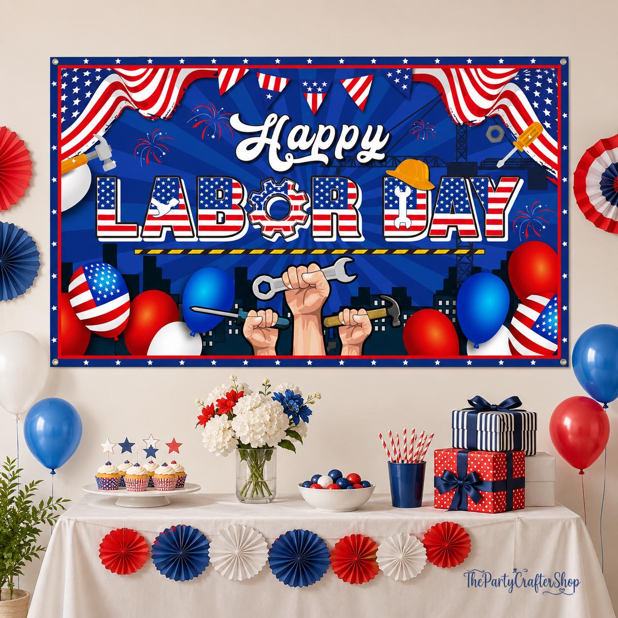 Happy Labor Day Patriotic Banner, 73x43 Inch Party Backdrop (Indoor Outdoor)