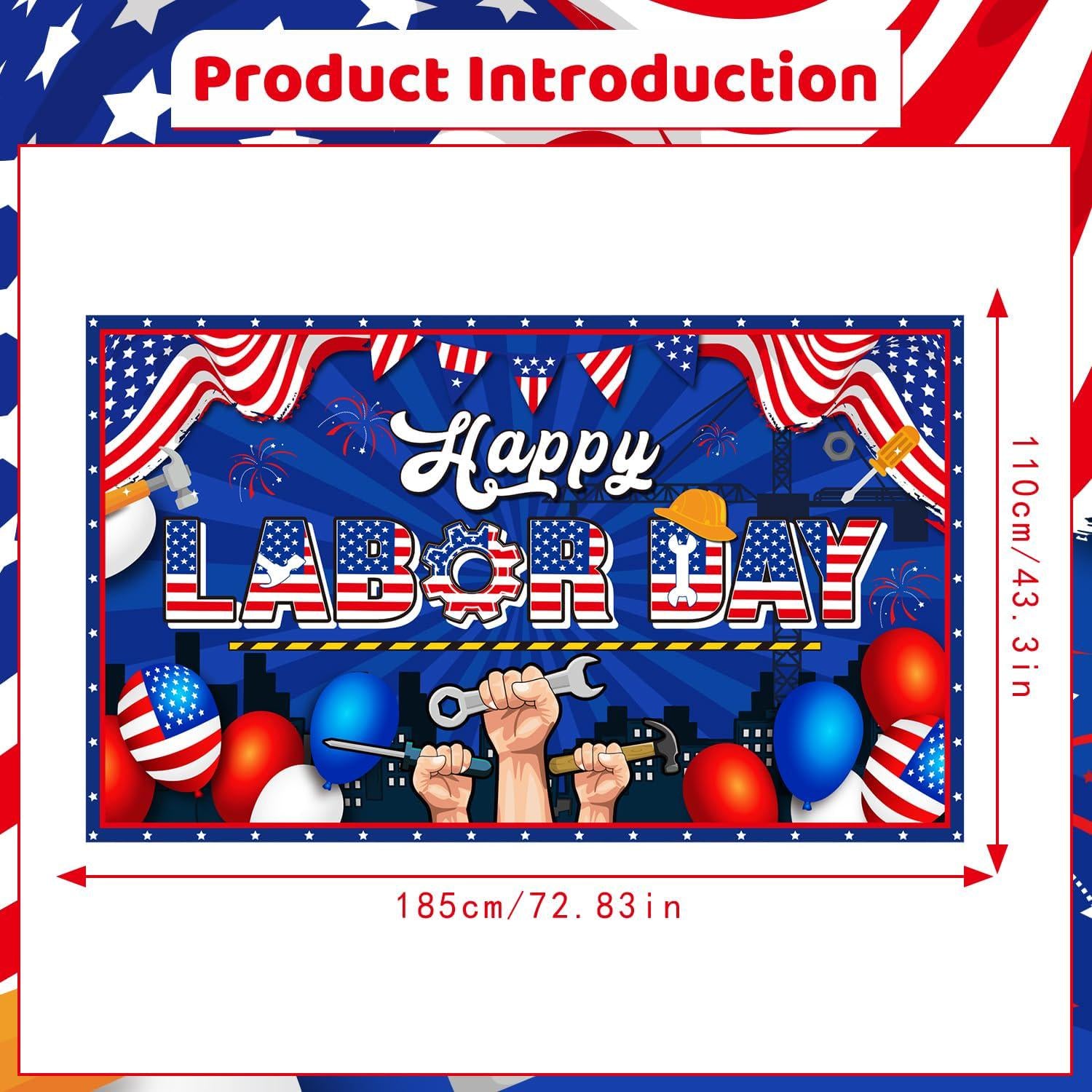 Happy Labor Day Patriotic Banner, 73x43 Inch Party Backdrop (Indoor Outdoor)