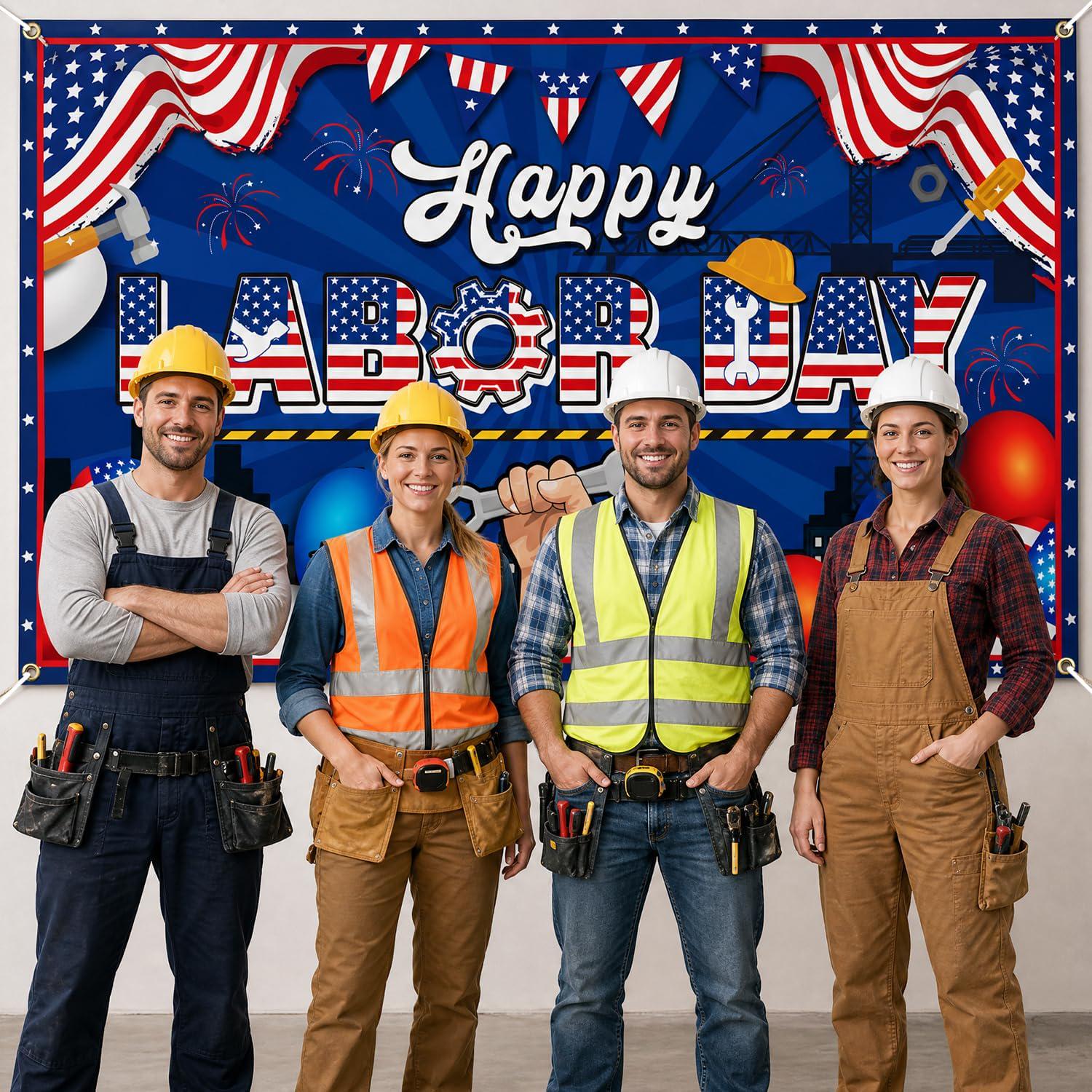 Happy Labor Day Patriotic Banner, 73x43 Inch Party Backdrop (Indoor Outdoor)