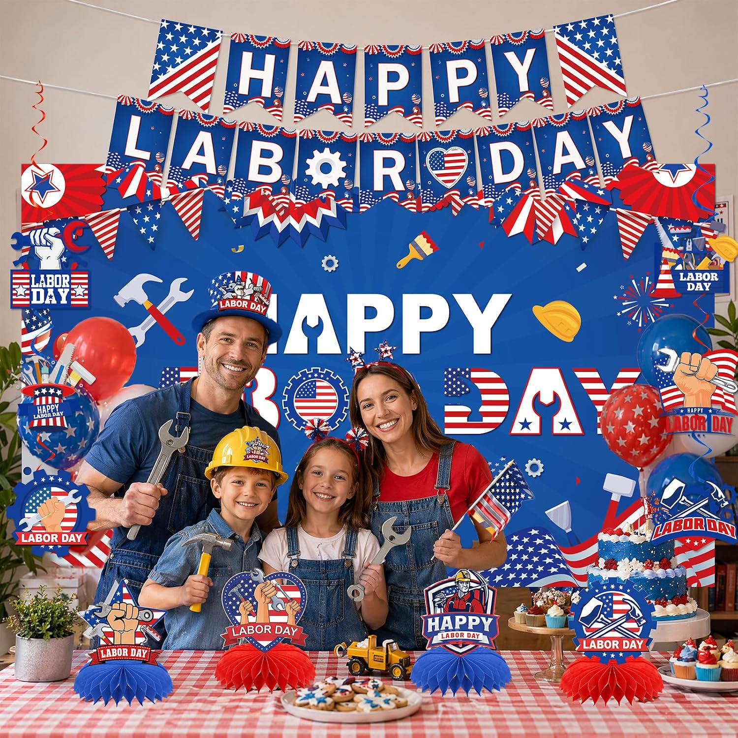 Patriotic Labor Day Party Decorations, USA Banner, Swirls, Honeycomb Centerpieces
