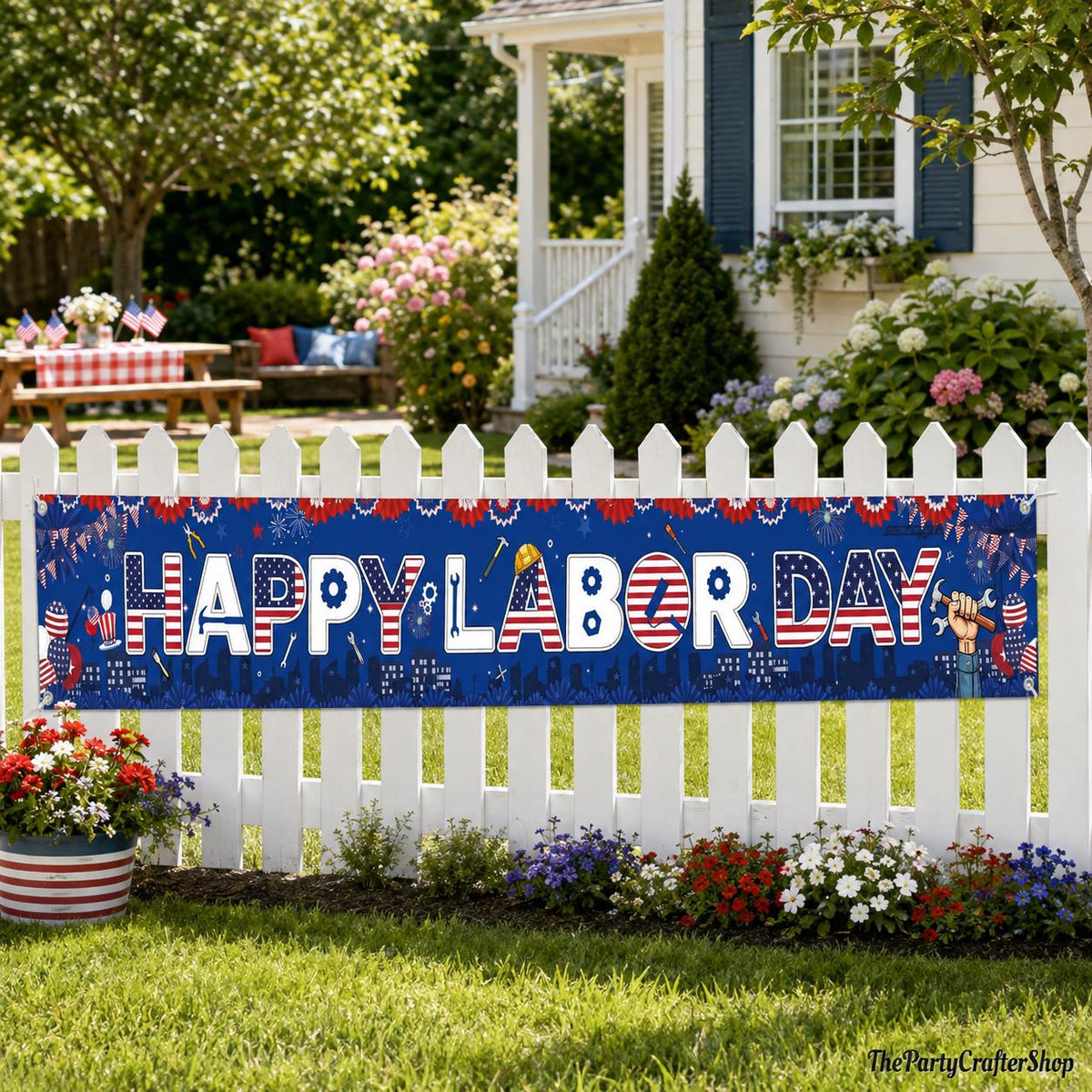 Happy Labor Day Banner, Patriotic American Flag Workers Theme Yard Sign