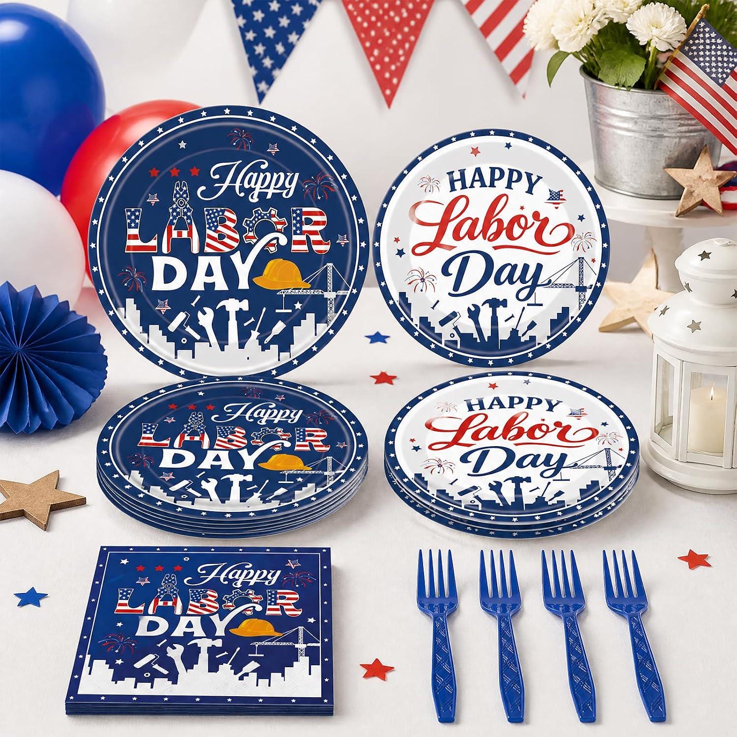 Labor Day Patriotic Tableware Set, Red White Blue Plates Napkins Forks (Serves 24)