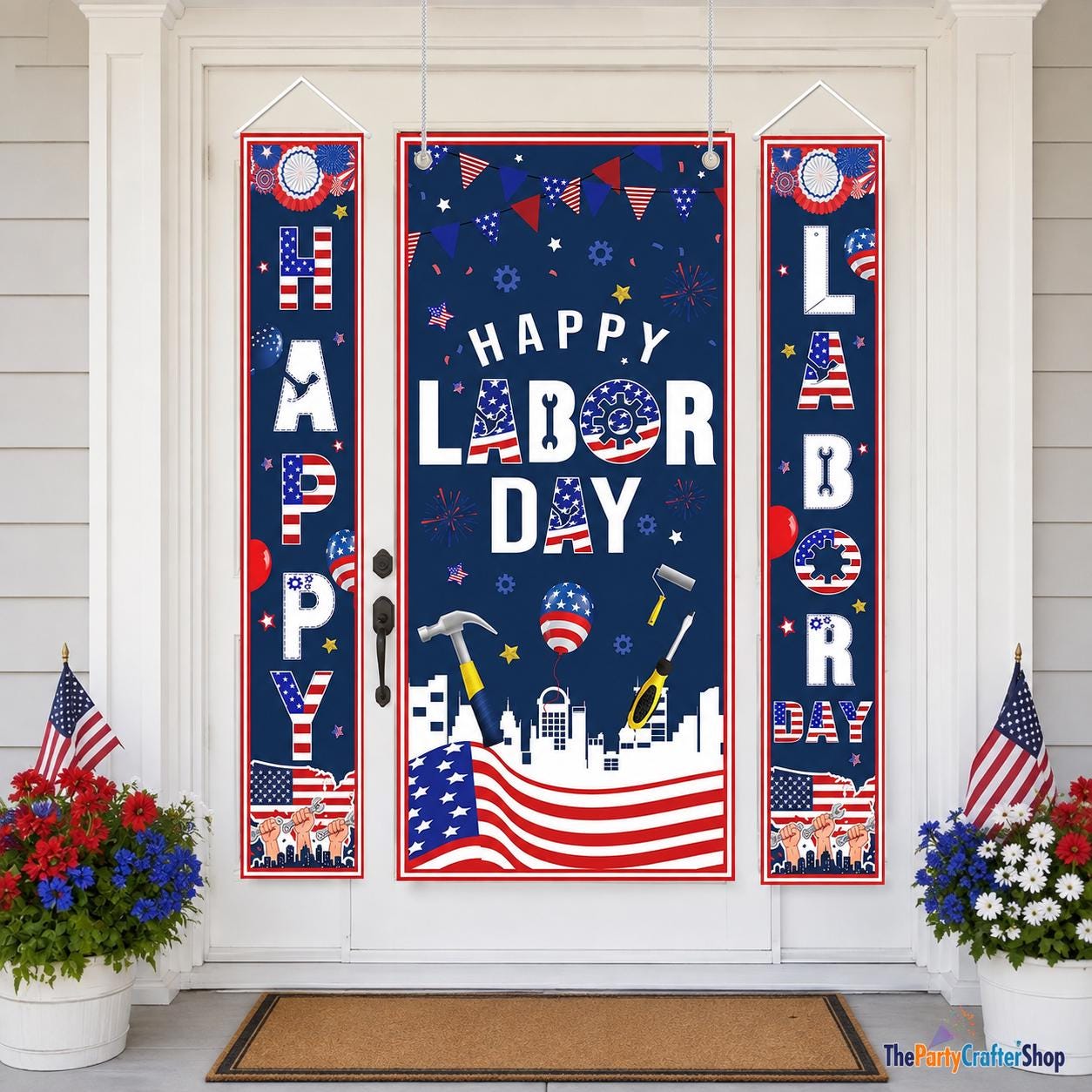 Happy Labor Day Patriotic Door Cover Banner, Porch Sign Decorations