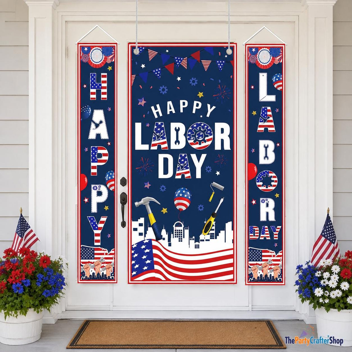 Happy Labor Day Patriotic Door Cover Banner, Porch Sign Decorations