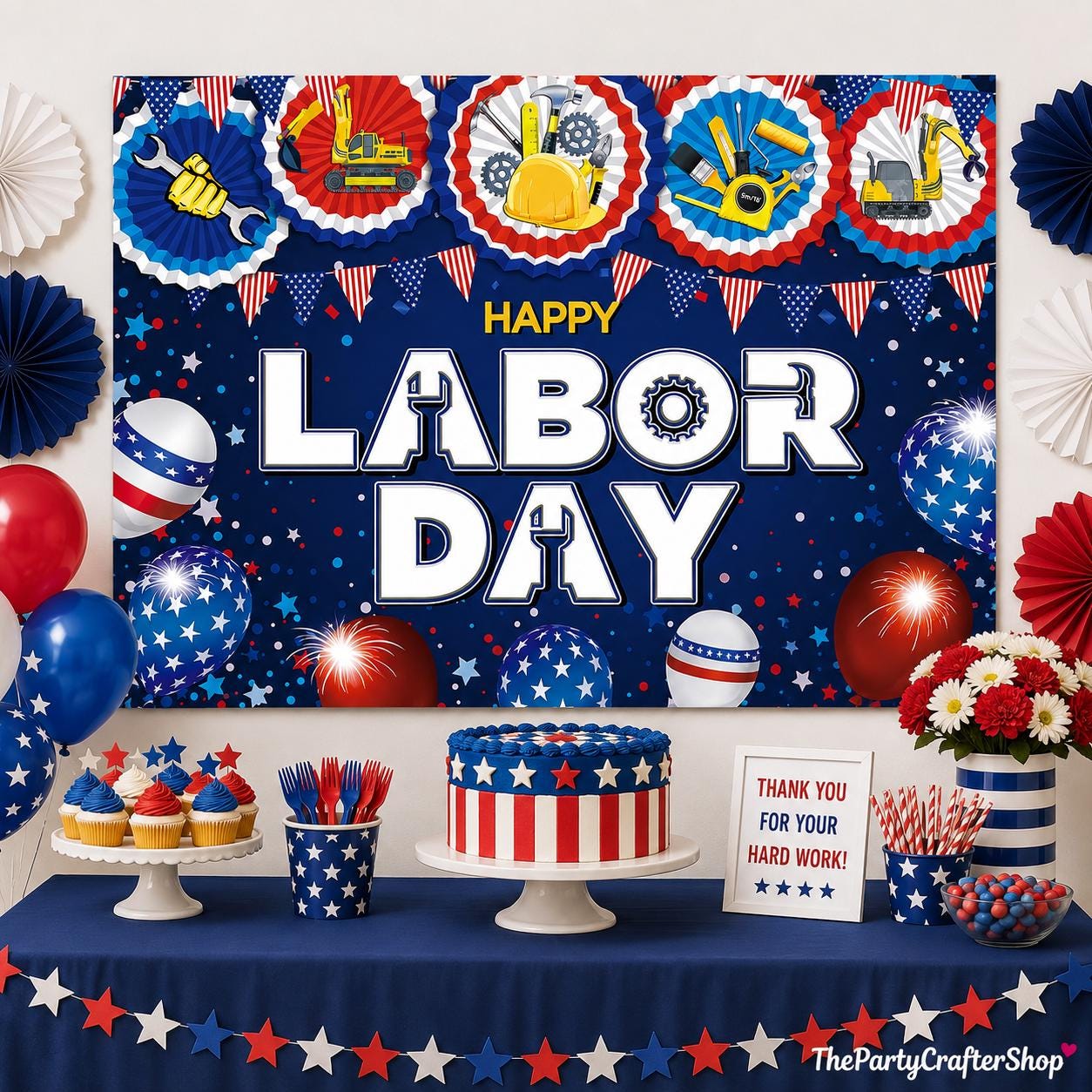 Happy Labor Day Backdrop, Patriotic Construction Tools Photo Booth Banner