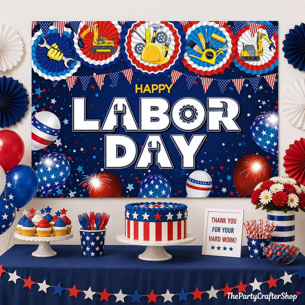 Happy Labor Day Backdrop, Patriotic Construction Tools Photo Booth Banner