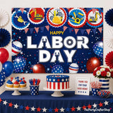 Happy Labor Day Backdrop, Patriotic Construction Tools Photo Booth Banner