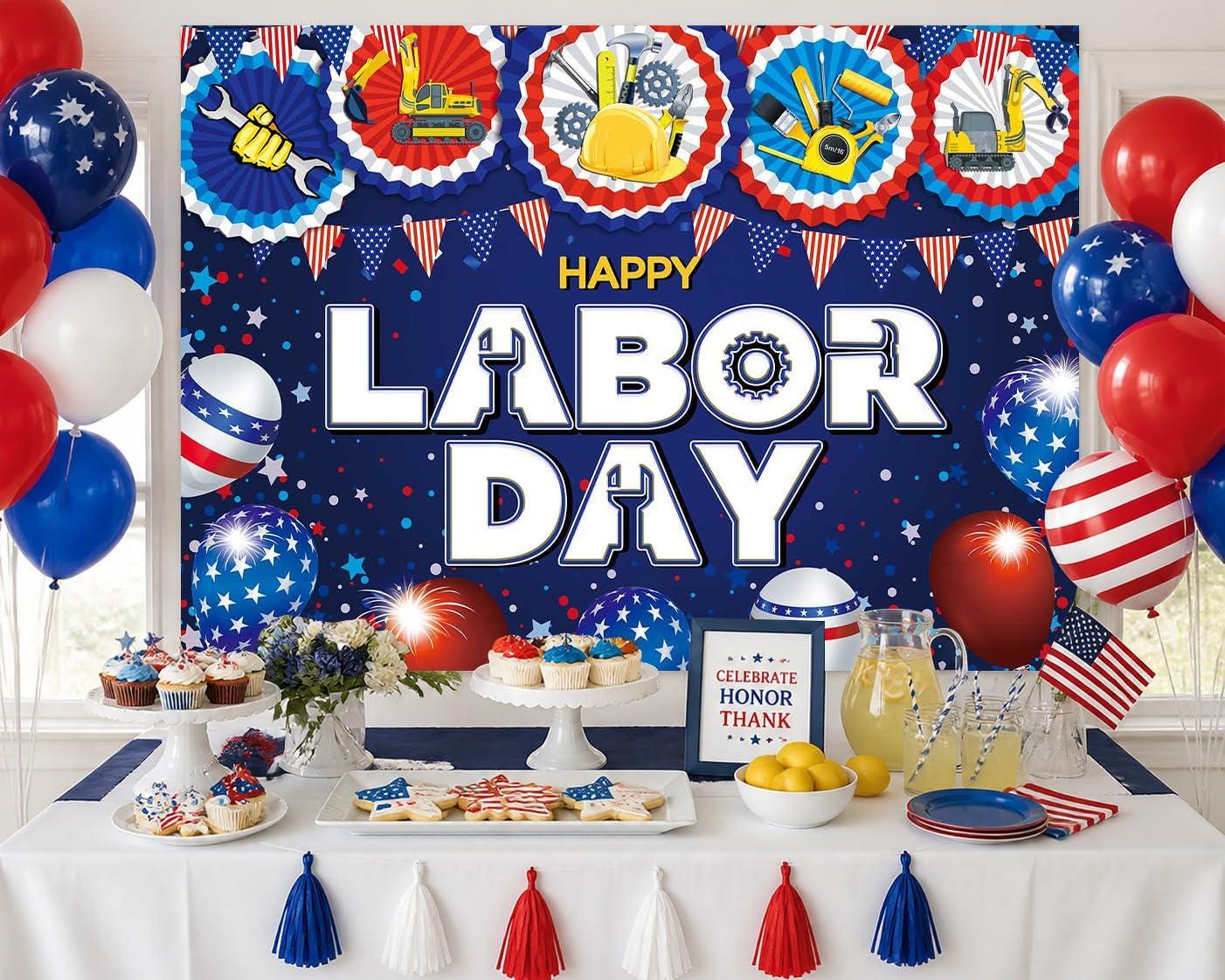 Happy Labor Day Backdrop, Patriotic Construction Tools Photo Booth Banner