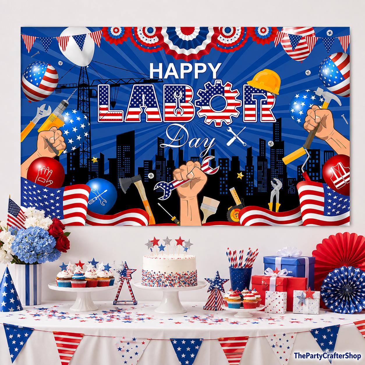 Happy Labor Day Backdrop Banner, Patriotic Party Decoration, Photo Booth Decor