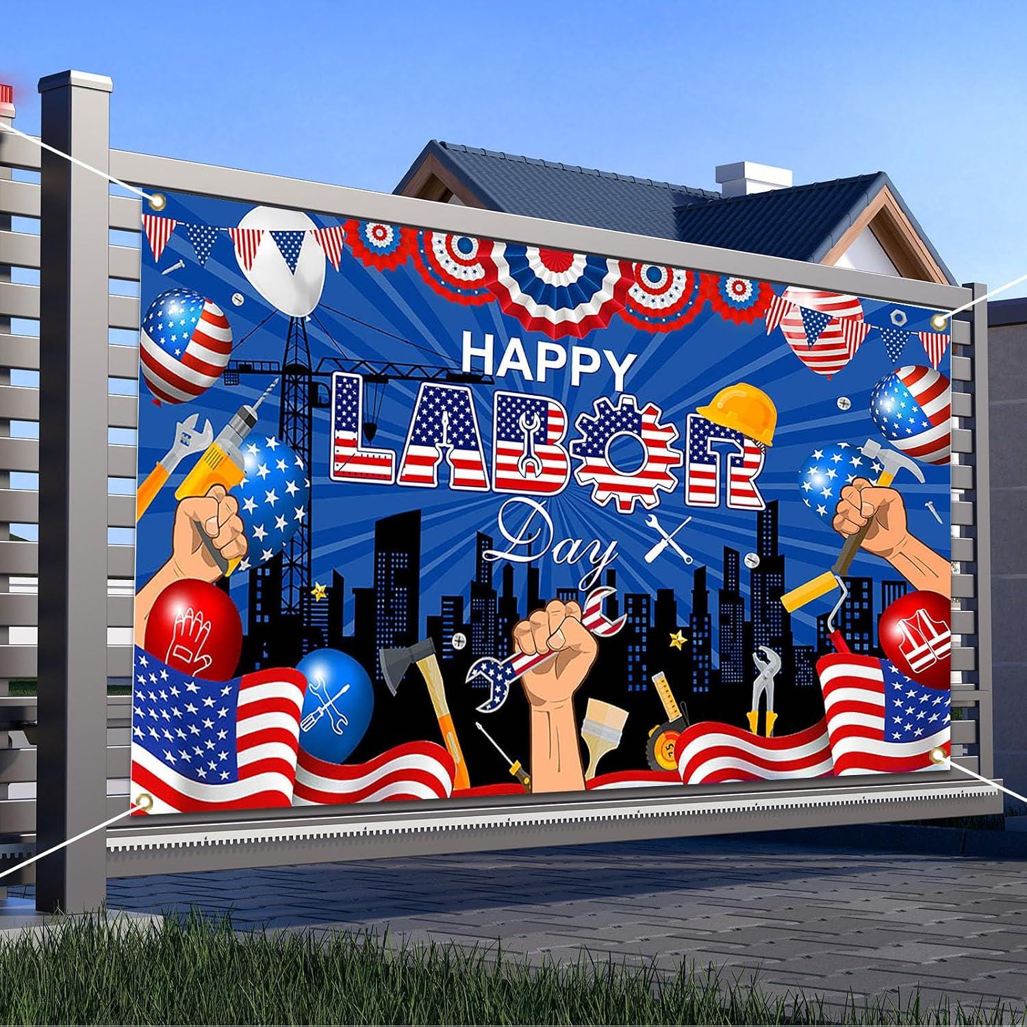 Happy Labor Day Backdrop Banner, Patriotic Party Decoration, Photo Booth Decor