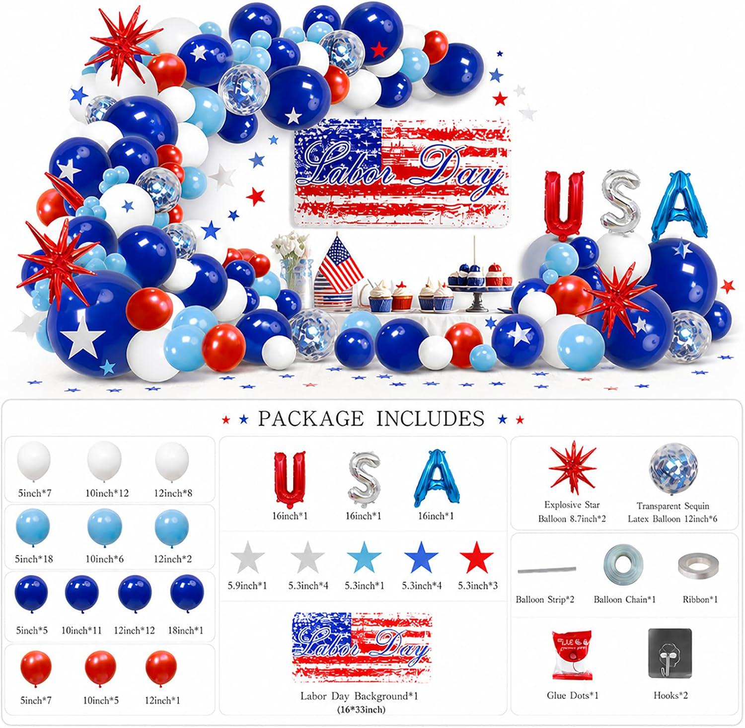Labor Day Balloon Garland Kit, Red White Blue Arch, USA Foil Letters (124 Piece)