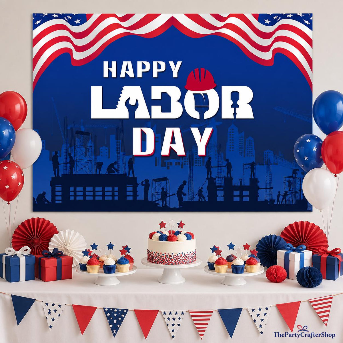 Happy Labor Day Backdrop, American Flag Construction Scene Photography Background