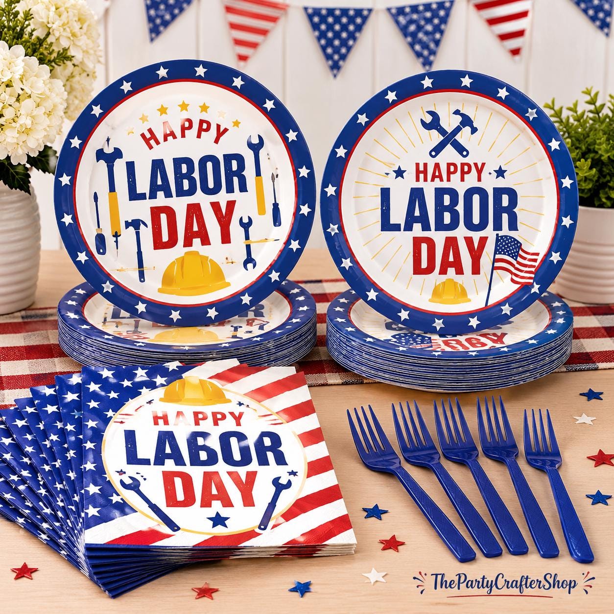 Labor Day Plates and Napkins Set, Patriotic Disposable Tableware for 24 Guests