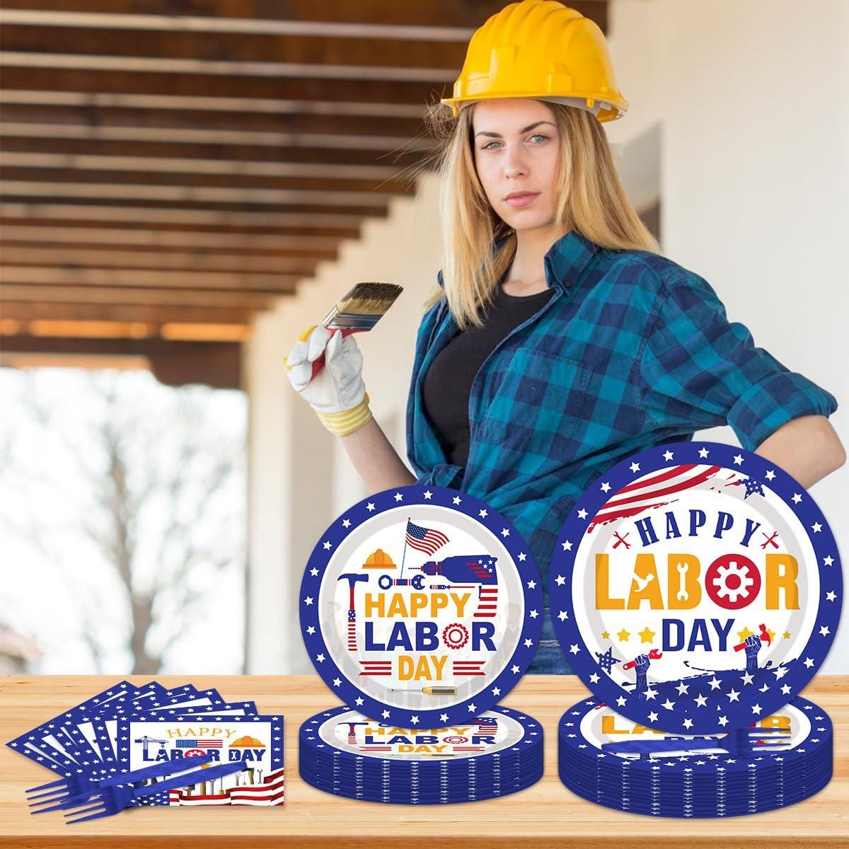 Labor Day Plates and Napkins Set, Patriotic Disposable Tableware for 24 Guests