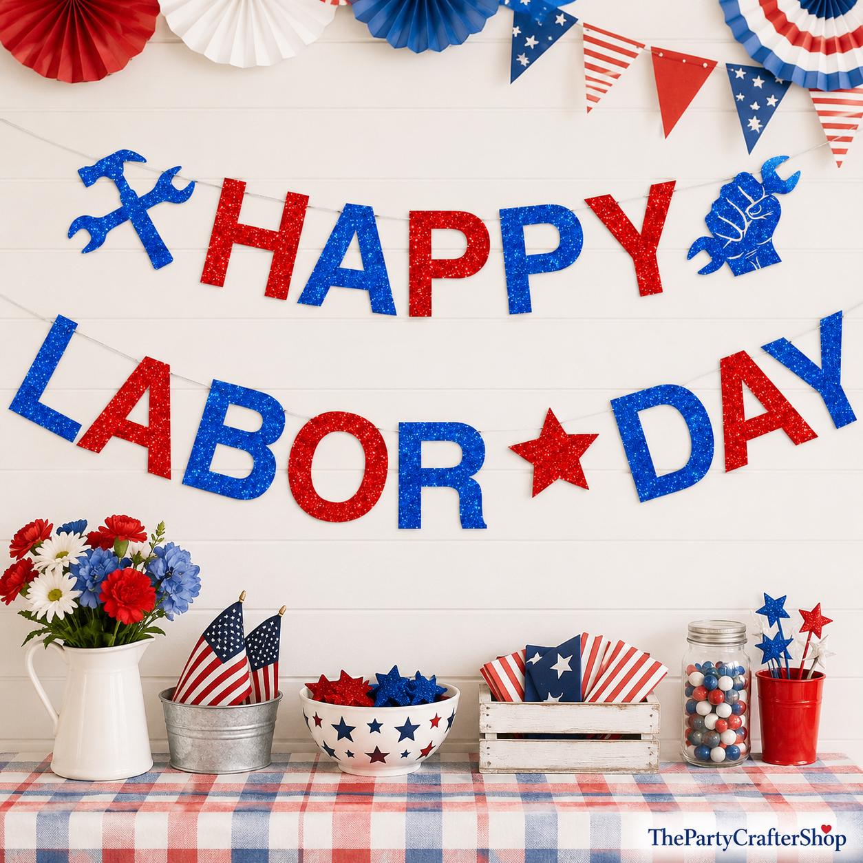 Glitter Happy Labor Day Banner, Patriotic Red White Blue Garland (Pre-assembled)