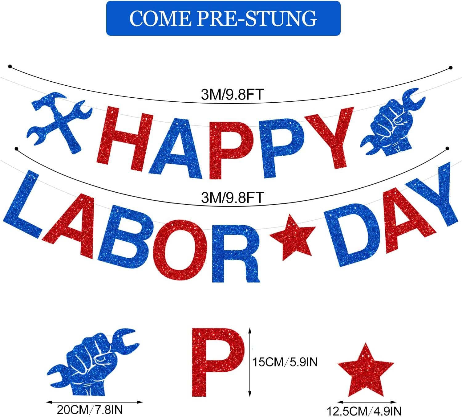 Glitter Happy Labor Day Banner, Patriotic Red White Blue Garland (Pre-assembled)
