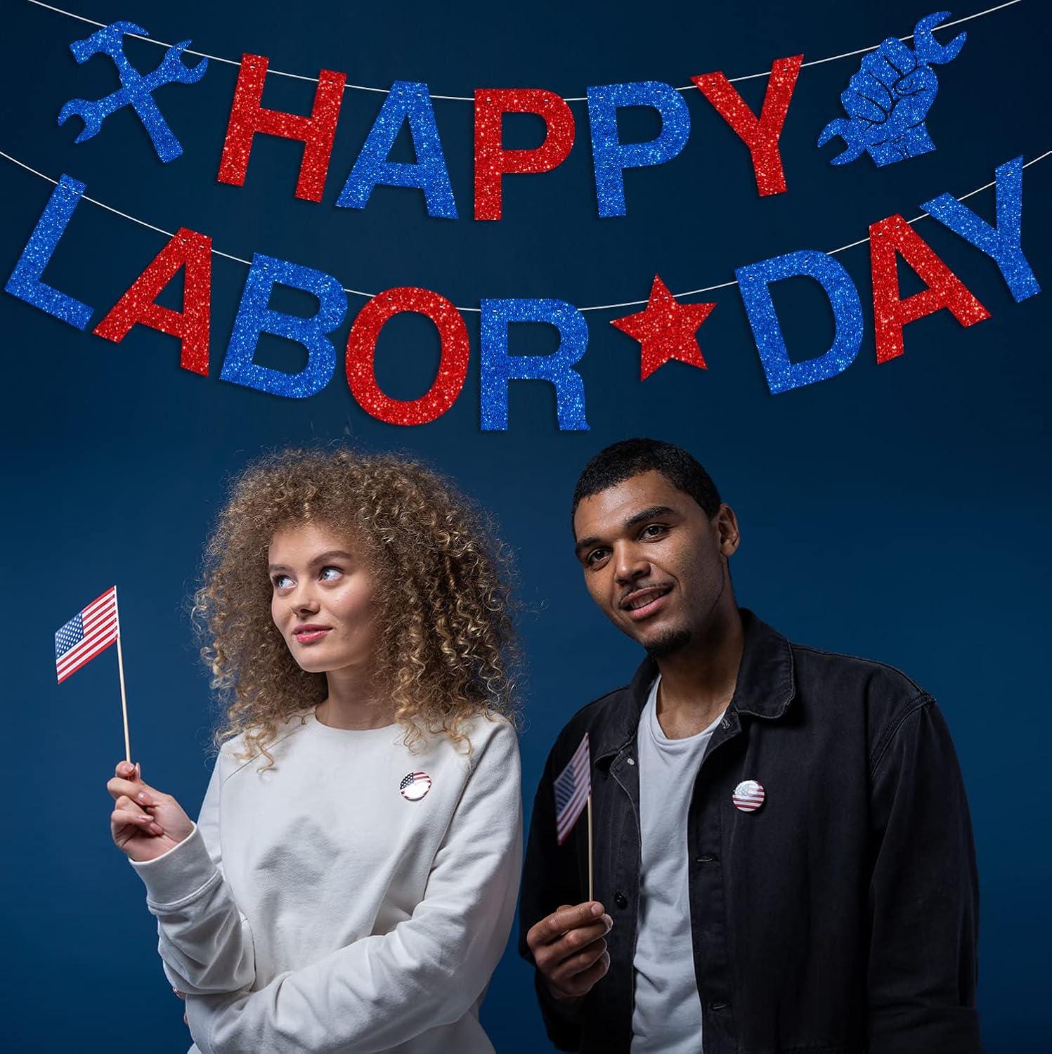 Glitter Happy Labor Day Banner, Patriotic Red White Blue Garland (Pre-assembled)