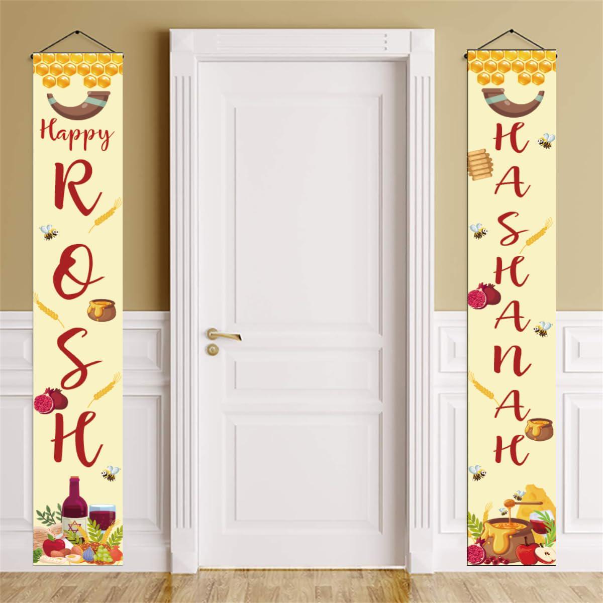 2pc Happy Rosh Hashanah Porch Banners, Jewish New Year Door Signs