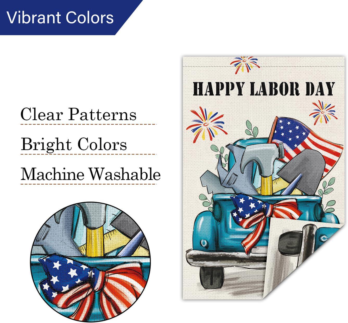 Happy Labor Day Garden Flag, Double Sided Burlap Truck Tools Yard Banner