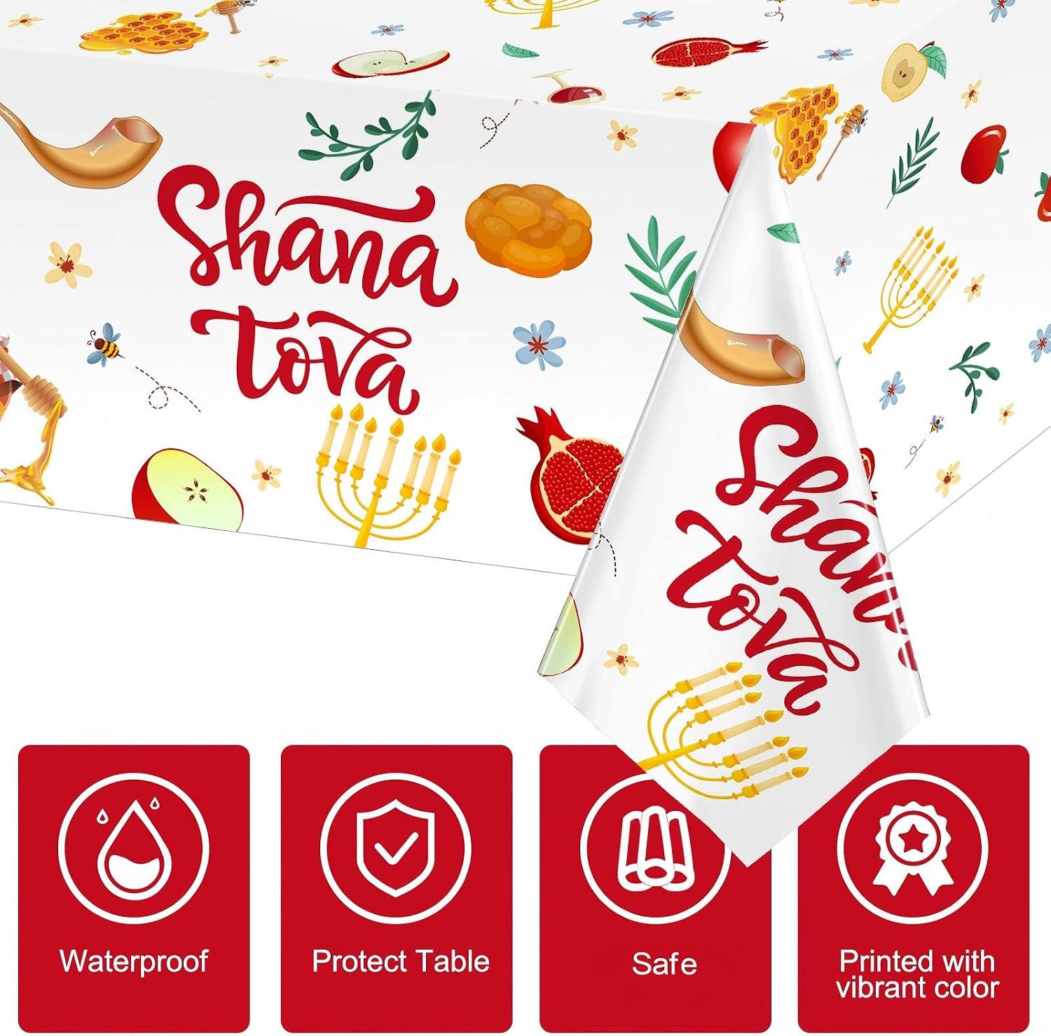 Rosh Hashanah Shana Tova Tablecloth, Jewish New Year Plastic Party Decor (3 Pack)