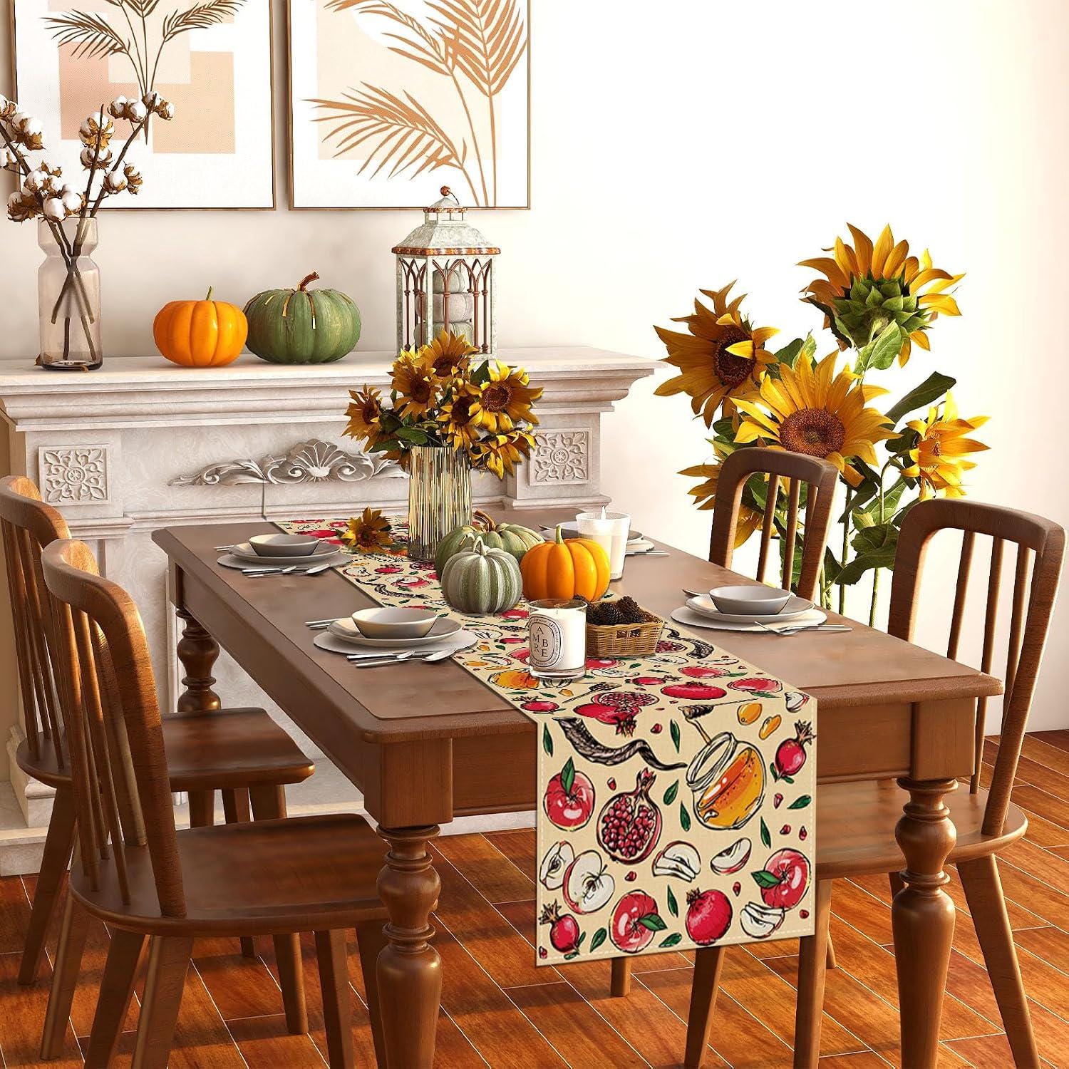 Rosh Hashanah Table Runner, Shana Tova Jewish New Year Decor, Apples Pomegranates Honey