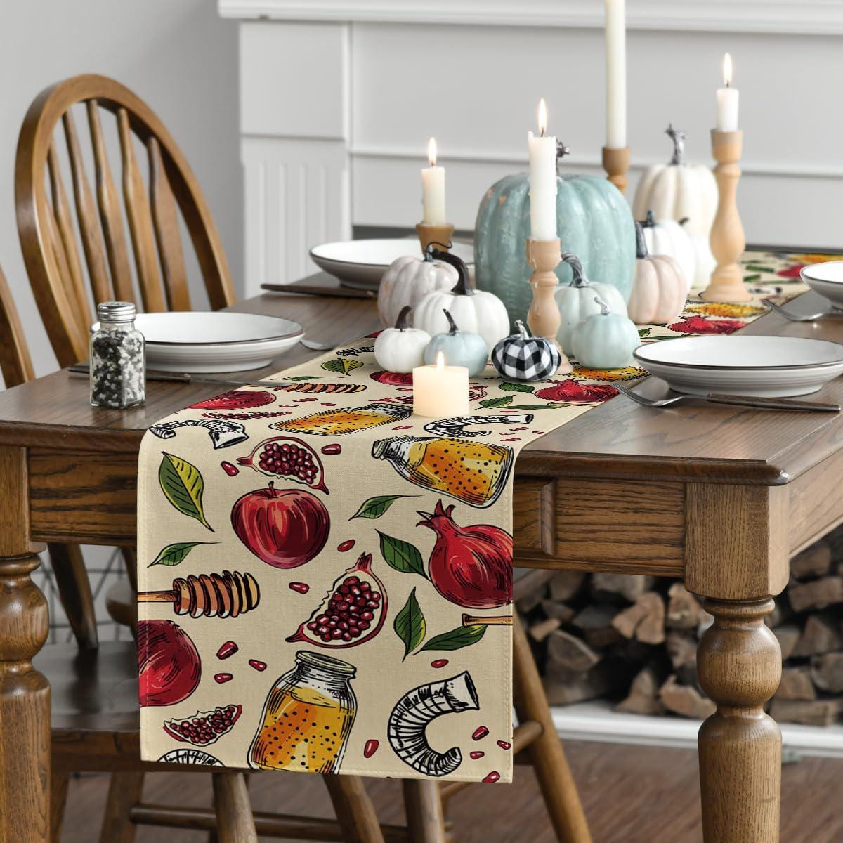 Pomegranate Rosh Hashanah Table Runner, Jewish New Year Dining Decor