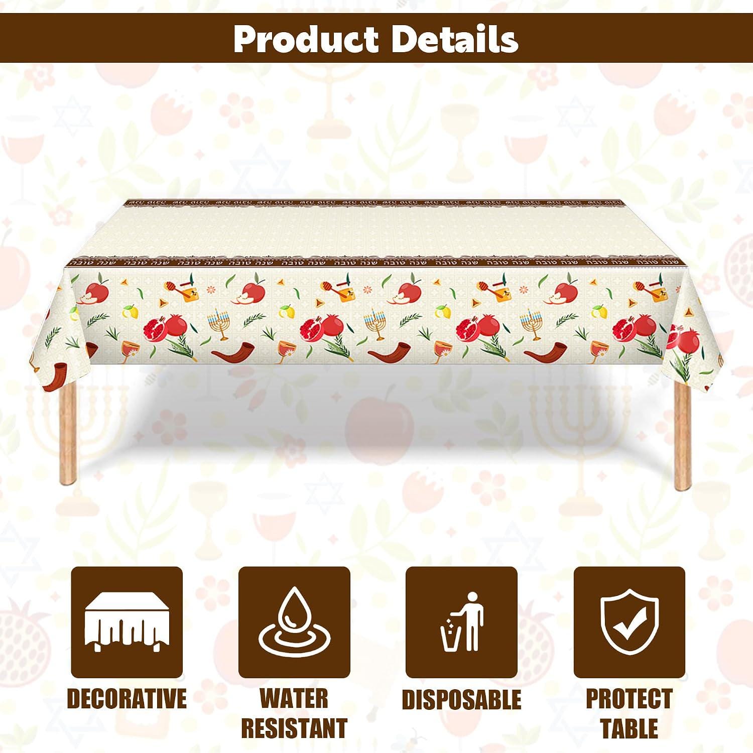 Rosh Hashanah Tablecloth Set, Shana Tova Plastic Dining Covers (2 Pack, 51x87 Inch)