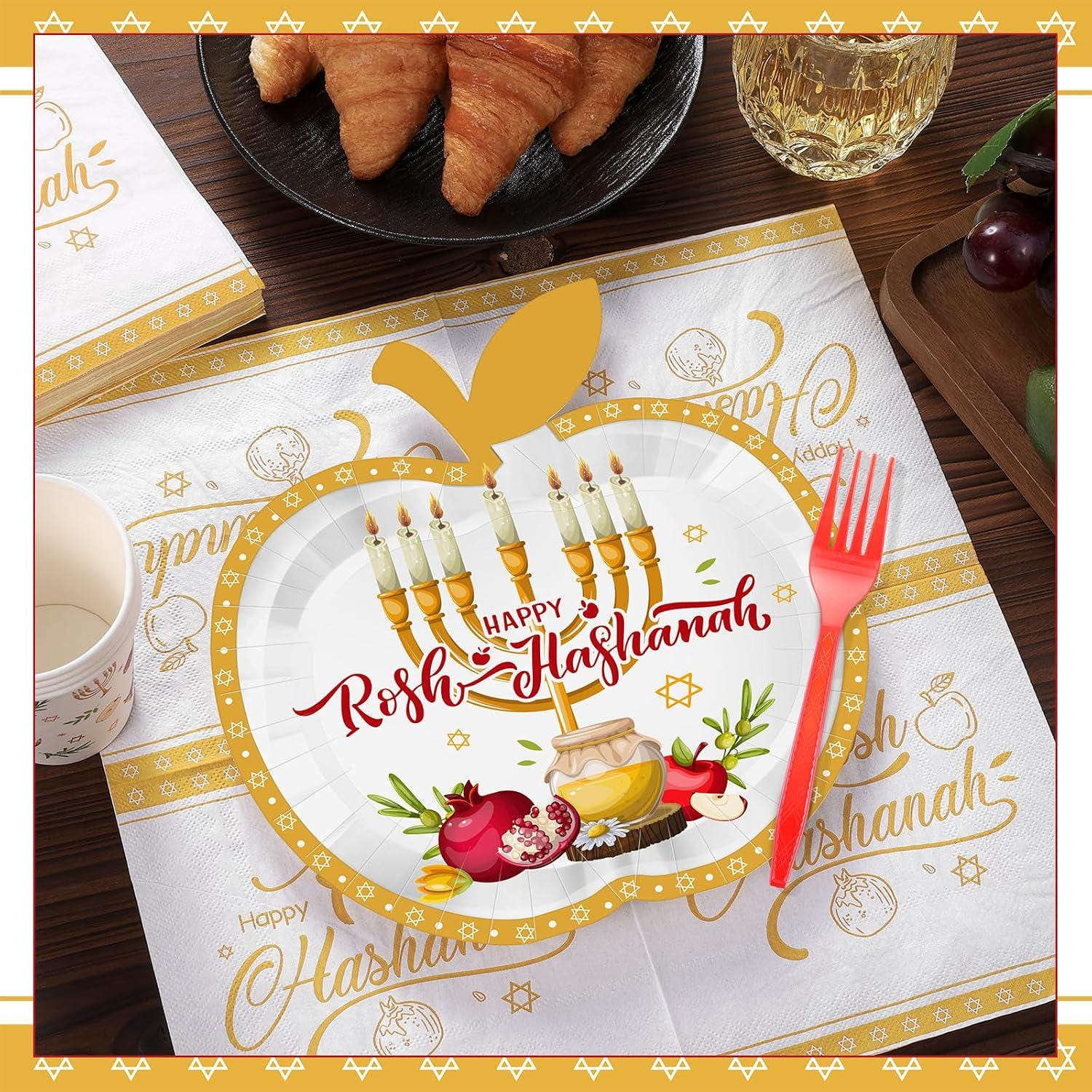 Rosh Hashanah Party Tableware Set, Jewish New Year Plates Forks Napkins for 25 Guests