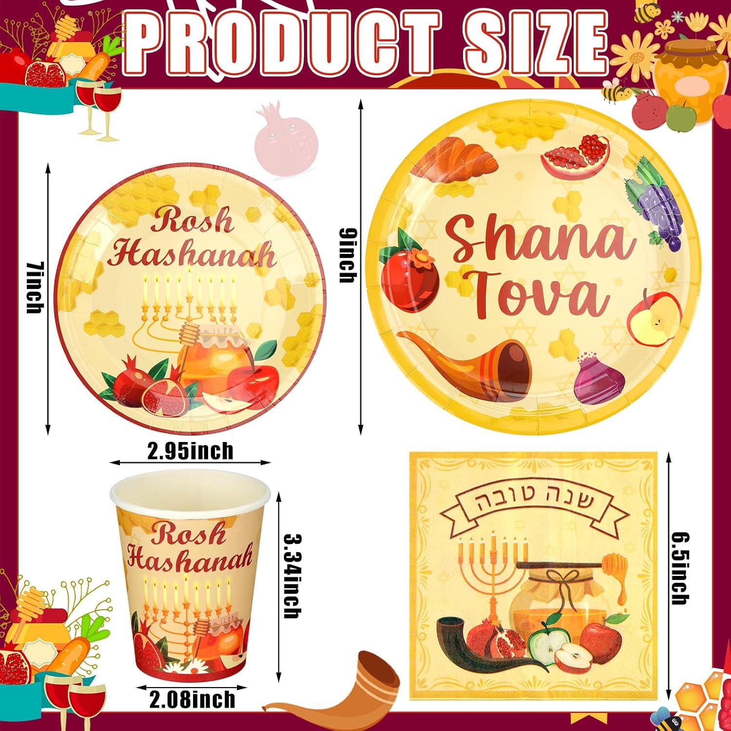 Rosh Hashanah Paper Plates, Cups, Napkins Set, Jewish New Year Party Tableware (200PCS)