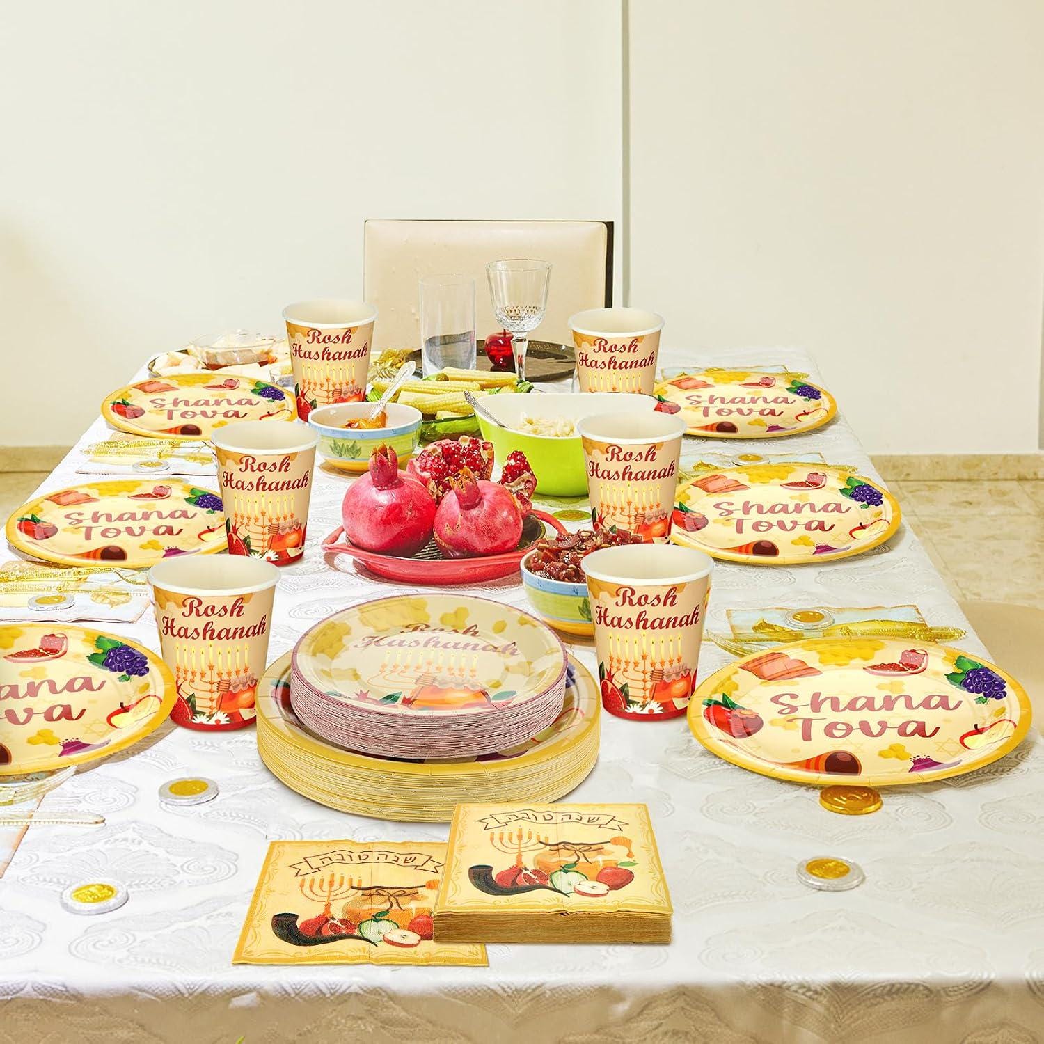 Rosh Hashanah Paper Plates, Cups, Napkins Set, Jewish New Year Party Tableware (200PCS)