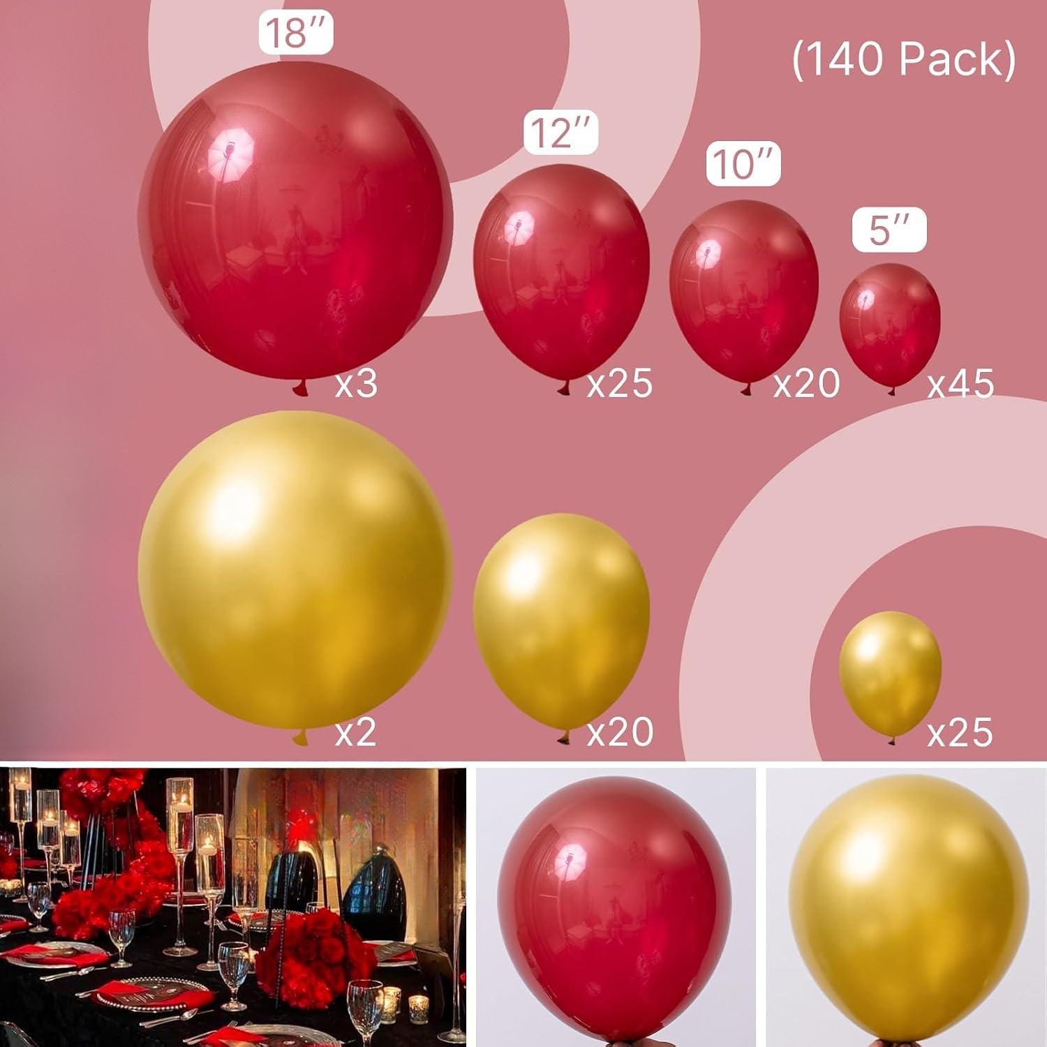 Red Gold Balloon Arch Kit, 140 Latex Balloons, Party Decor (18-5 Inch)