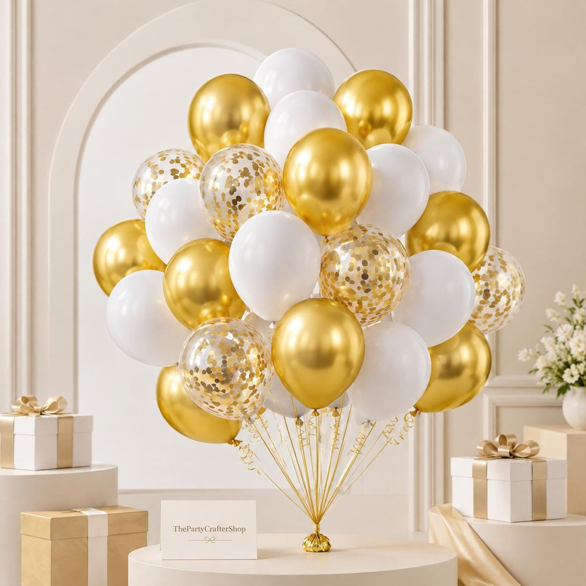 White Gold Latex Balloons, 12 Inch Party Balloons with Ribbon, New Year Birthday Decorations