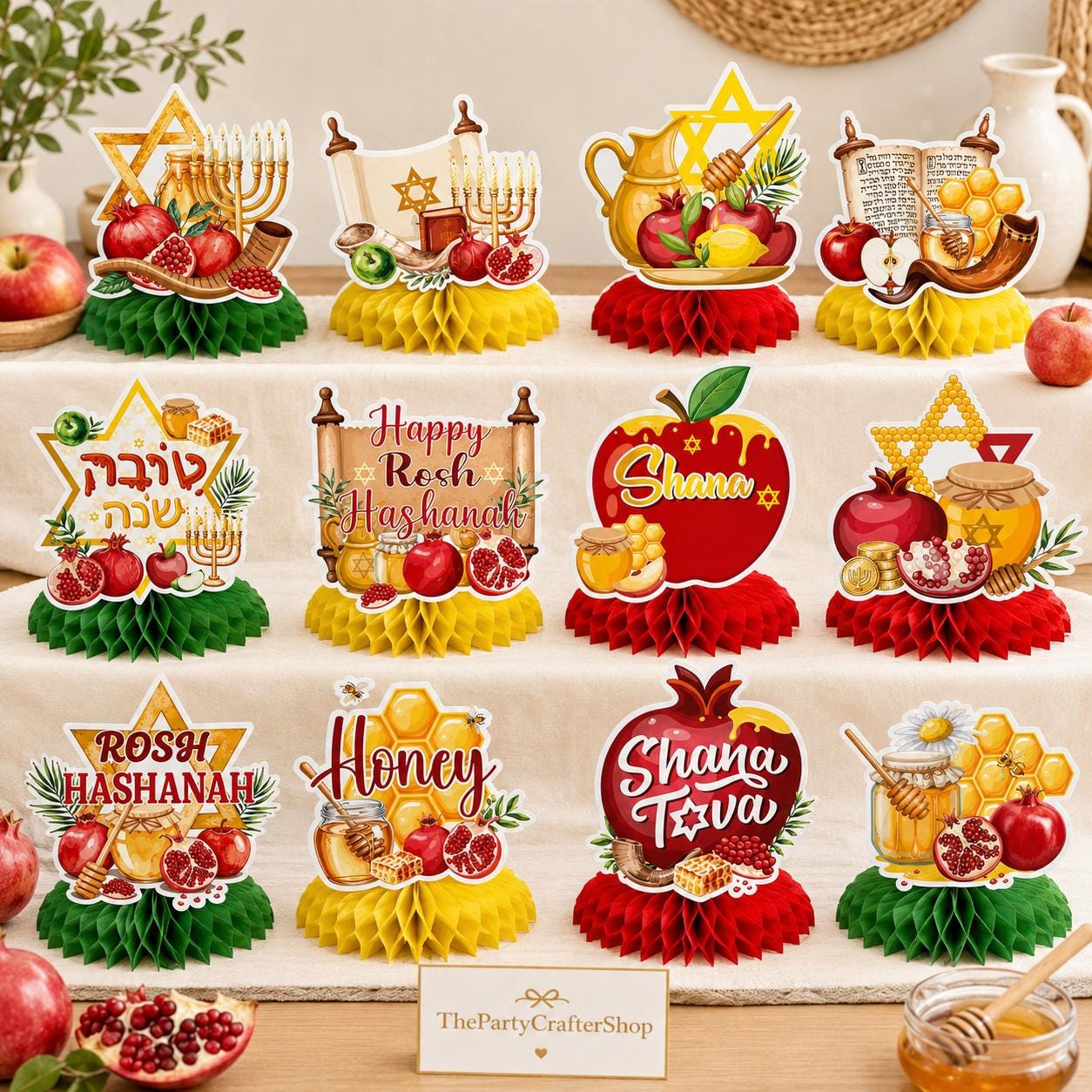 Rosh Hashanah Honeycomb Centerpieces 12PCS, Shana Tova Table Decor, Jewish New Year Party Decorations
