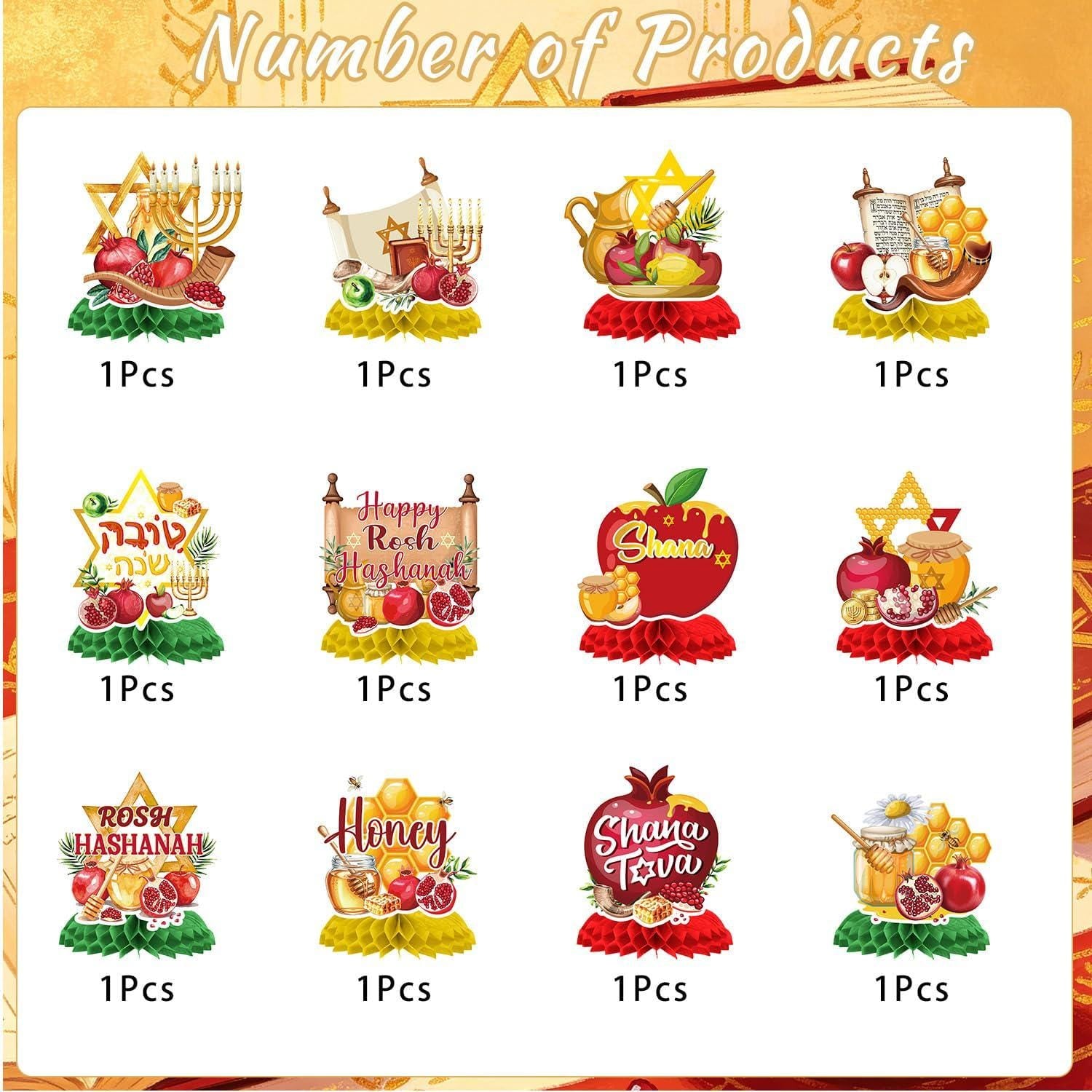Rosh Hashanah Honeycomb Centerpieces 12PCS, Shana Tova Table Decor, Jewish New Year Party Decorations