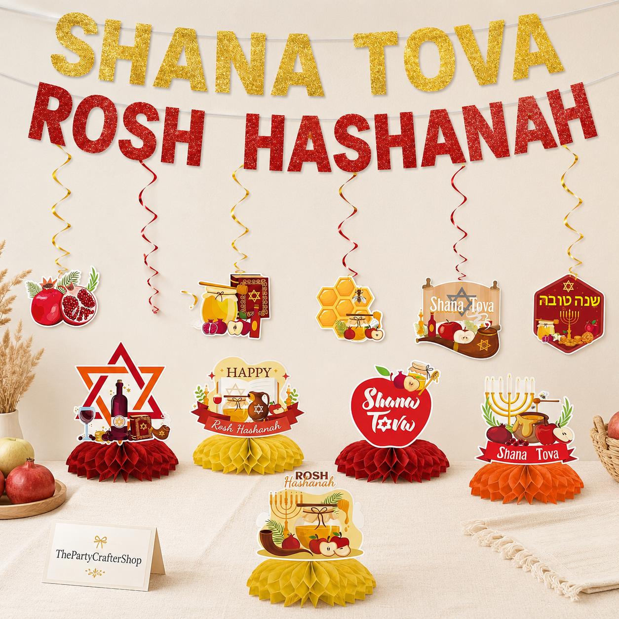 Rosh Hashanah Party Decoration Set, Shana Tova Banner, Honeycomb Centerpieces, Jewish New Year Decor