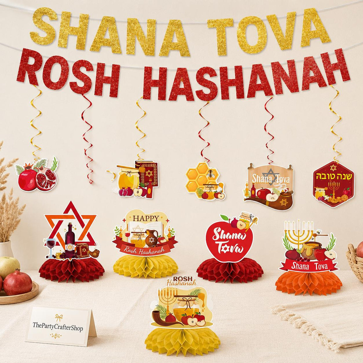 Rosh Hashanah Party Decoration Set, Shana Tova Banner, Honeycomb Centerpieces, Jewish New Year Decor