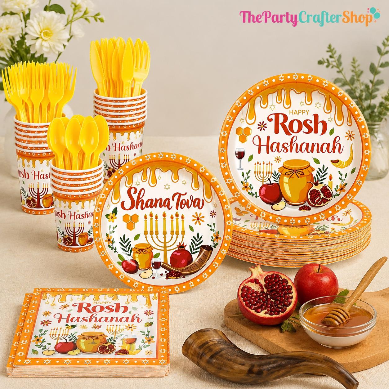 Rosh Hashanah Tableware Set, 168-Piece Jewish New Year Party Supplies (Shana Tova)