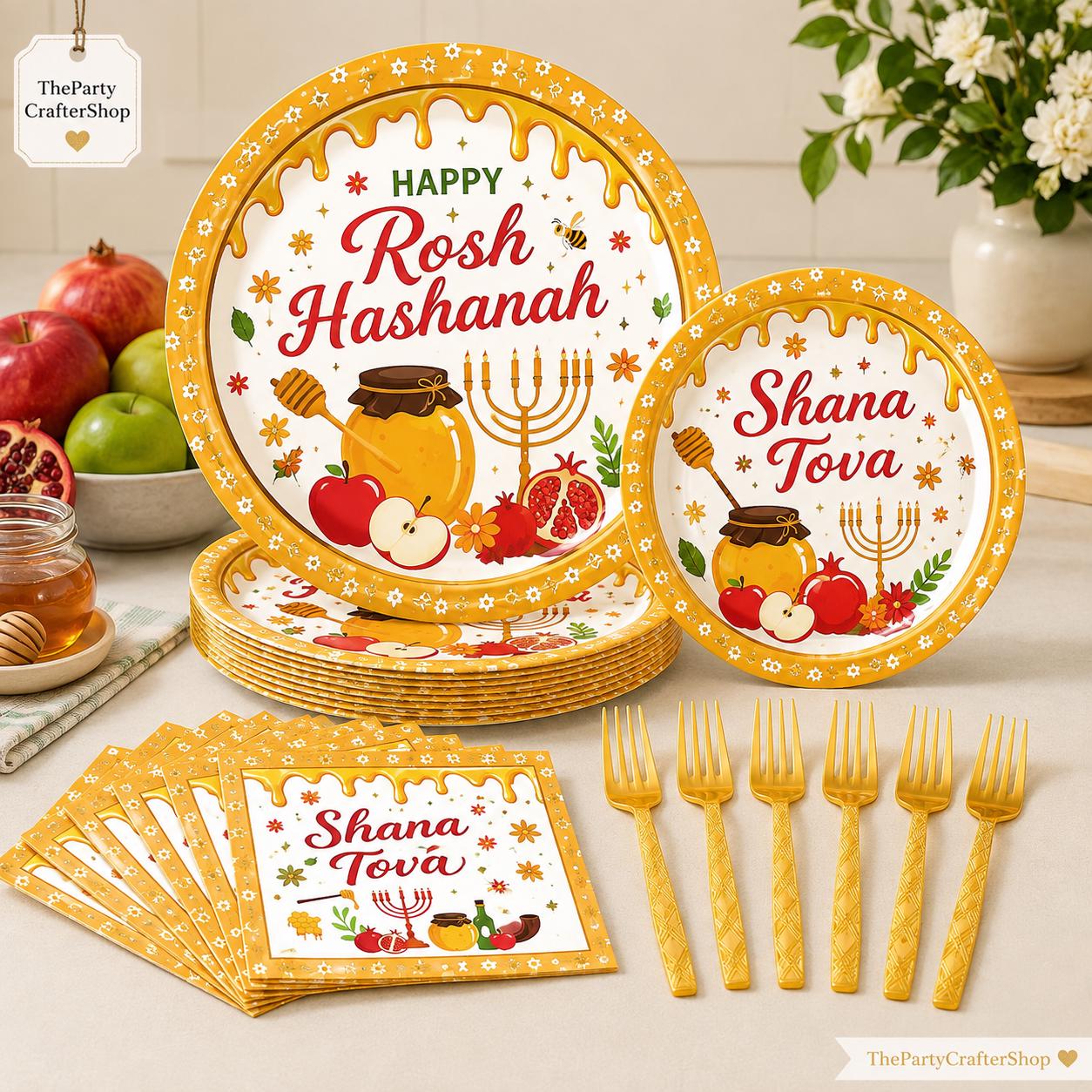 Rosh Hashanah Tableware Set, 96-Piece Disposable Party Supplies (24 Guests)