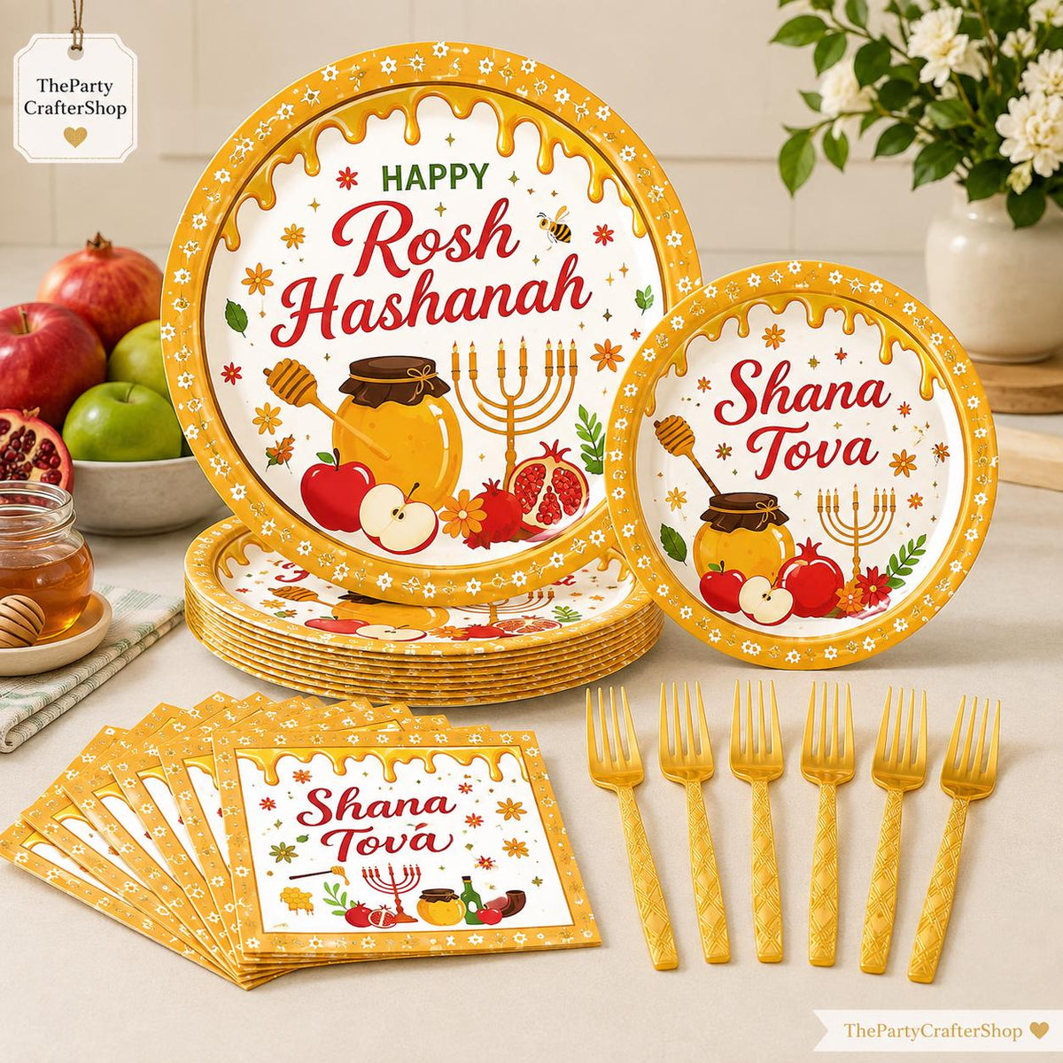 Rosh Hashanah Tableware Set, 96-Piece Disposable Party Supplies (24 Guests)