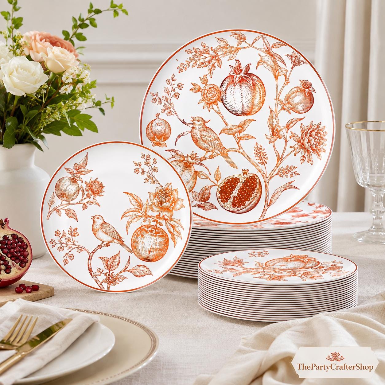 Vintage Disposable Plastic Plates 50PCS, Embossed Pomegranate Dessert Plates, Elegant Wedding Party Tableware Supplies
