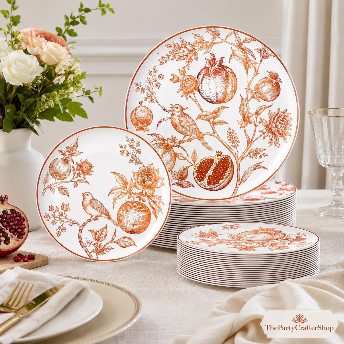 Vintage Disposable Plastic Plates 50PCS, Embossed Pomegranate Dessert Plates, Elegant Wedding Party Tableware Supplies