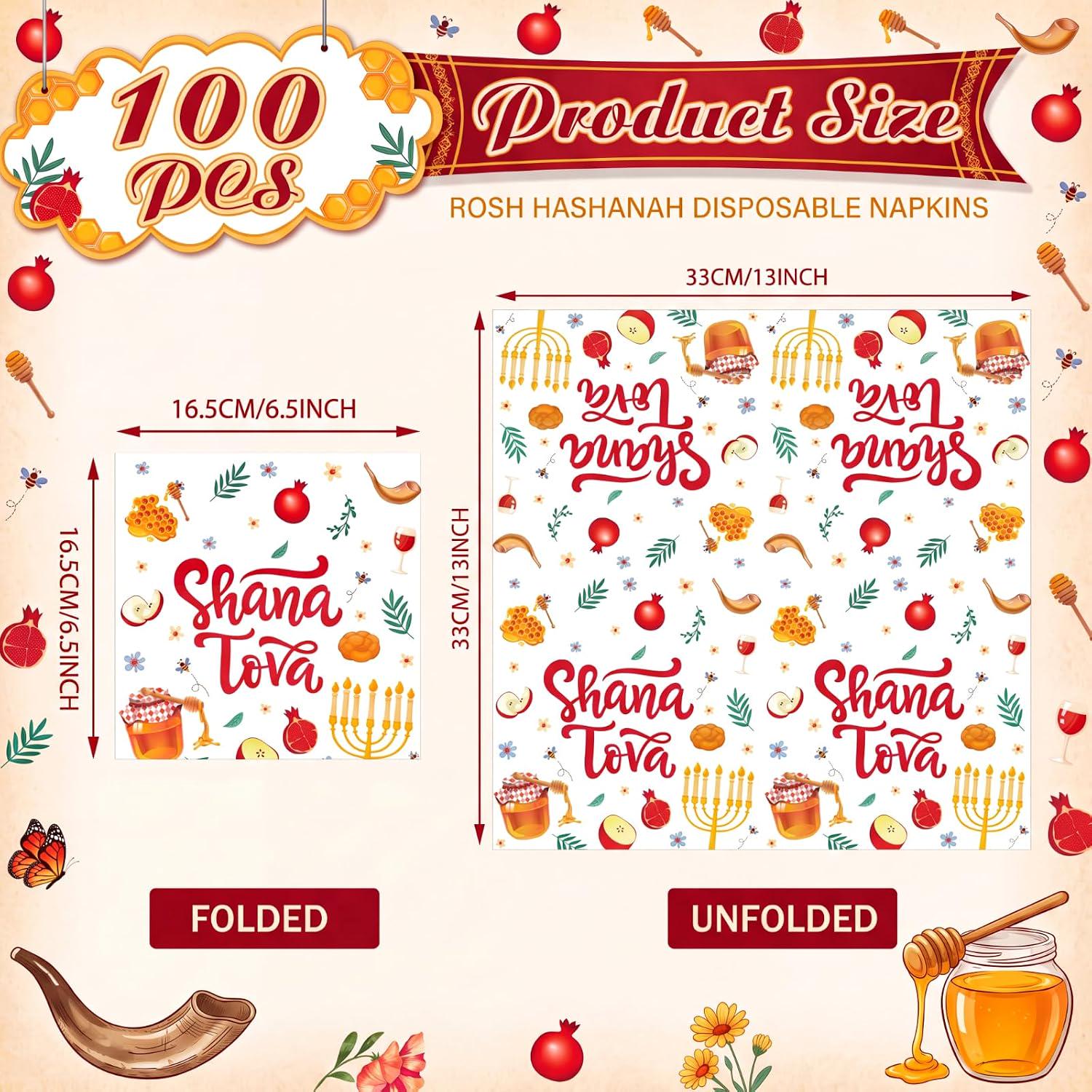 Shana Tova Napkins, Rosh Hashanah Jewish New Year Table Decor, 100PCS 3-Ply
