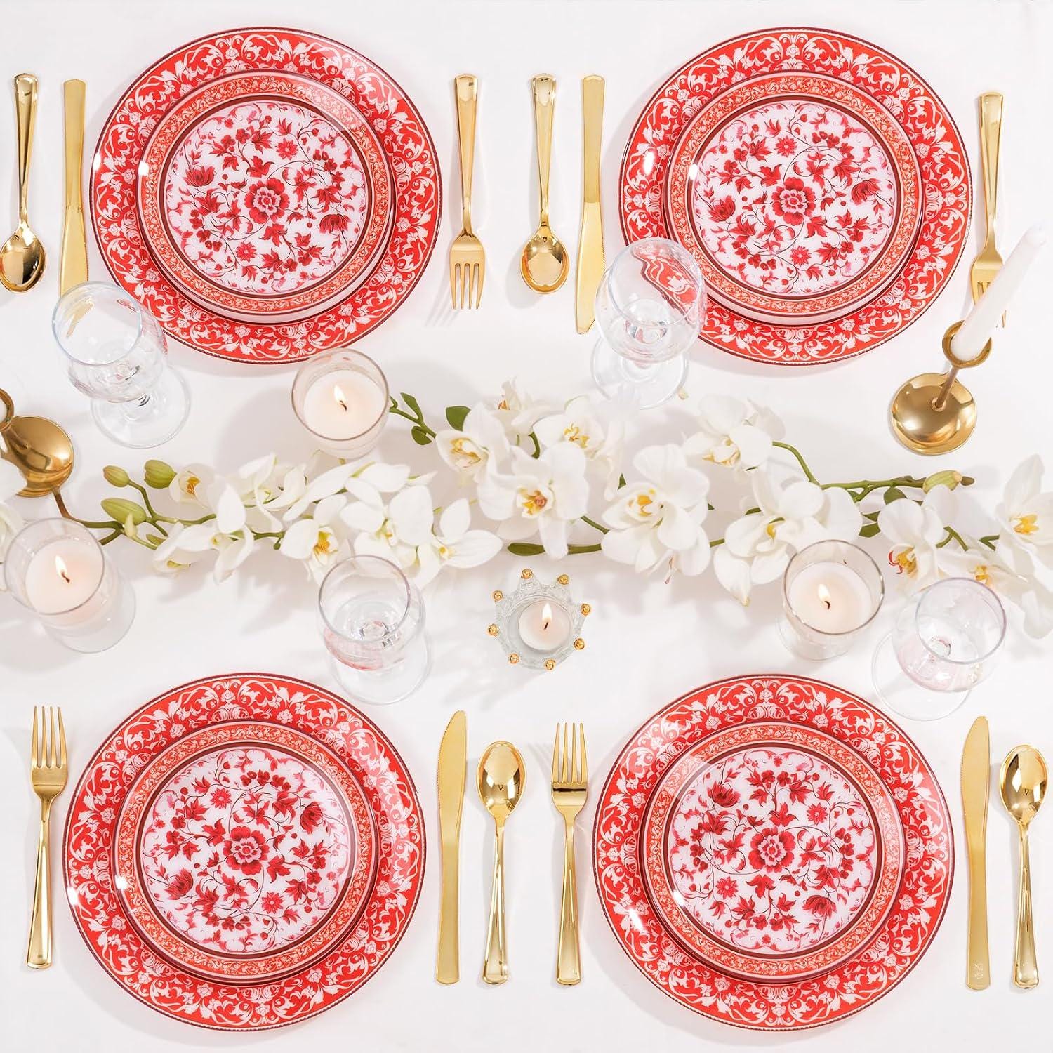 Red Floral Plastic Plates Set, Disposable Dinner Dessert Tableware, Wedding Party Supplies
