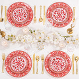 Red Floral Plastic Plates Set, Disposable Dinner Dessert Tableware, Wedding Party Supplies