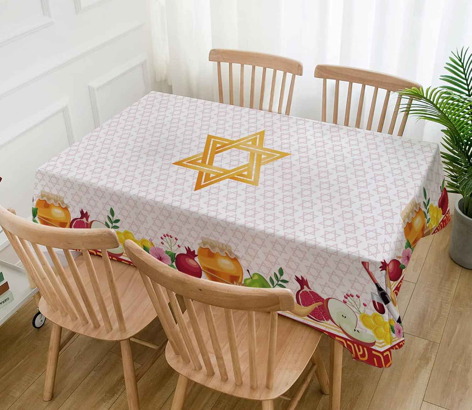 Rosh Hashanah Tablecloth, Shana Tova Holiday Decor, Honey, Shofar, Star of David (60x84 inches)