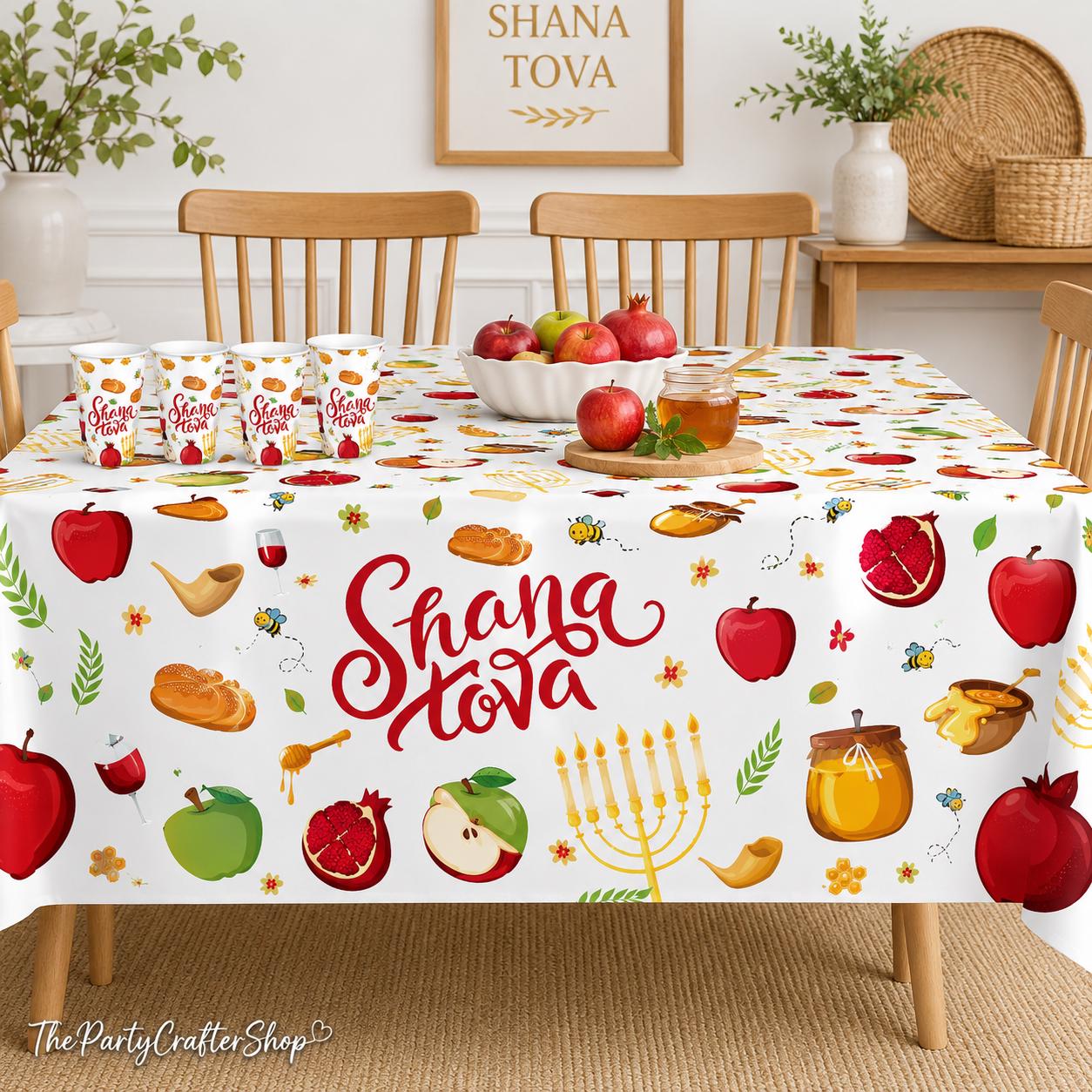 Rosh Hashanah Tablecloth Set, Shana Tova Jewish New Year Decor (51x86 Inch)