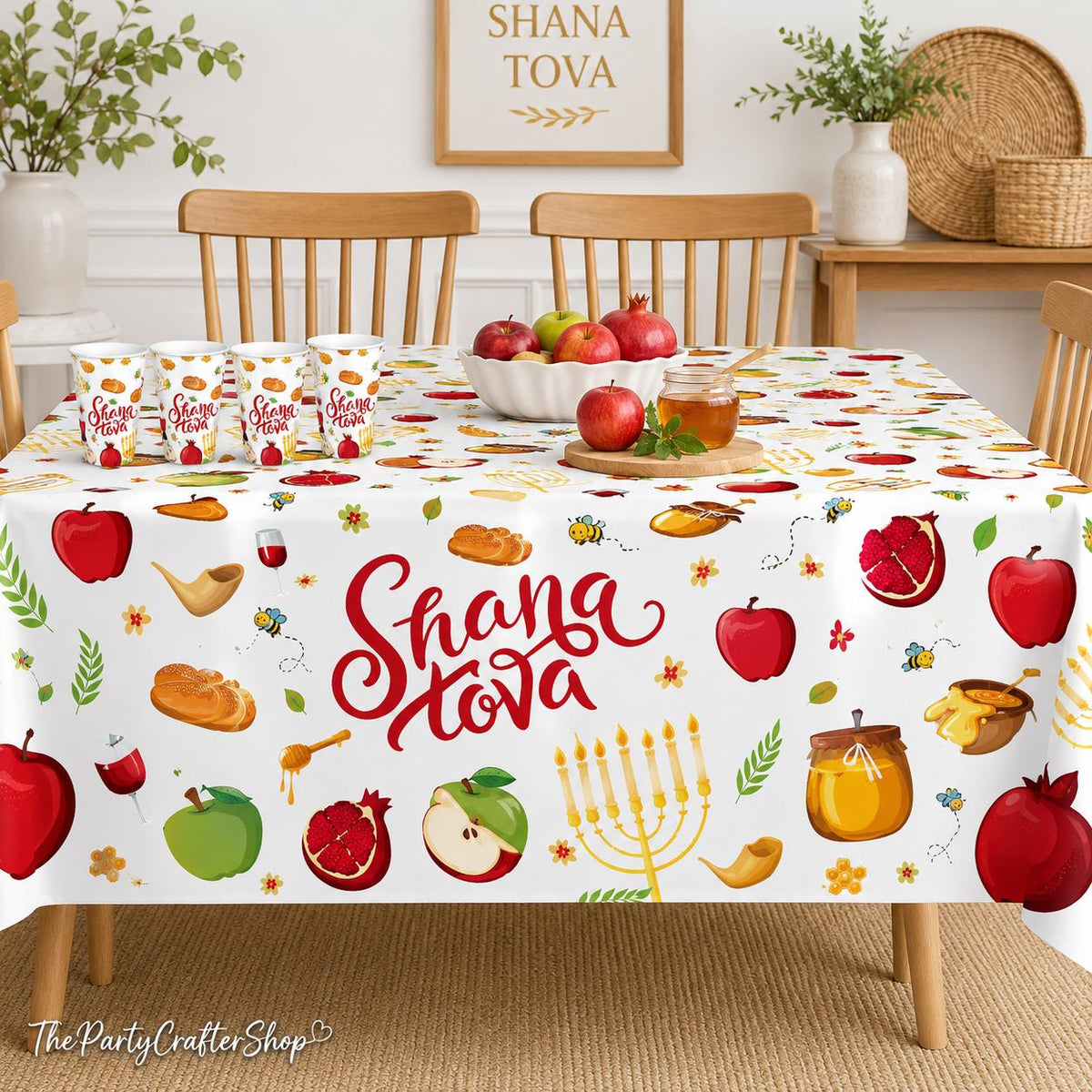 Rosh Hashanah Tablecloth Set, Shana Tova Jewish New Year Decor (51x86 Inch)