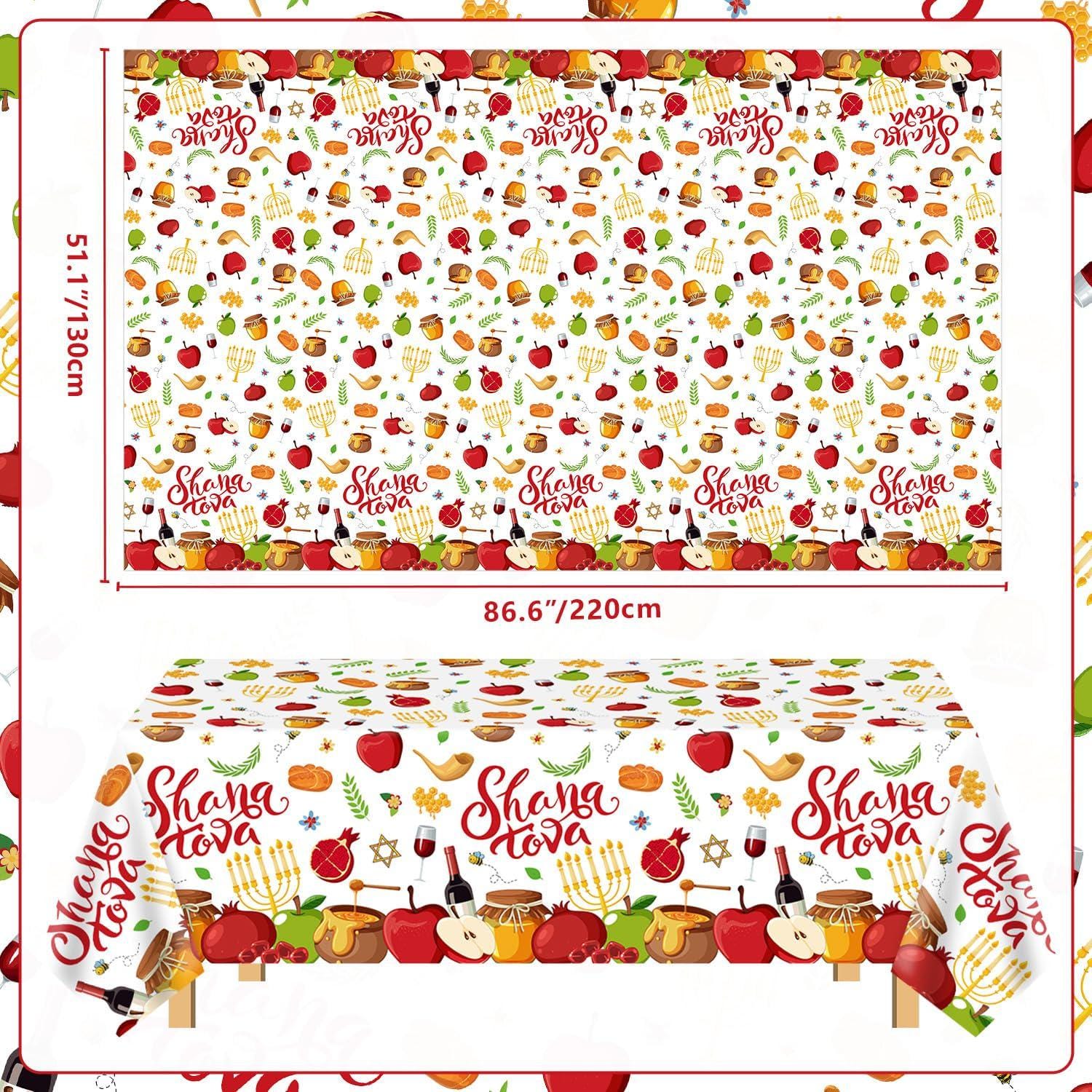 Rosh Hashanah Tablecloth Set, Shana Tova Jewish New Year Decor (51x86 Inch)
