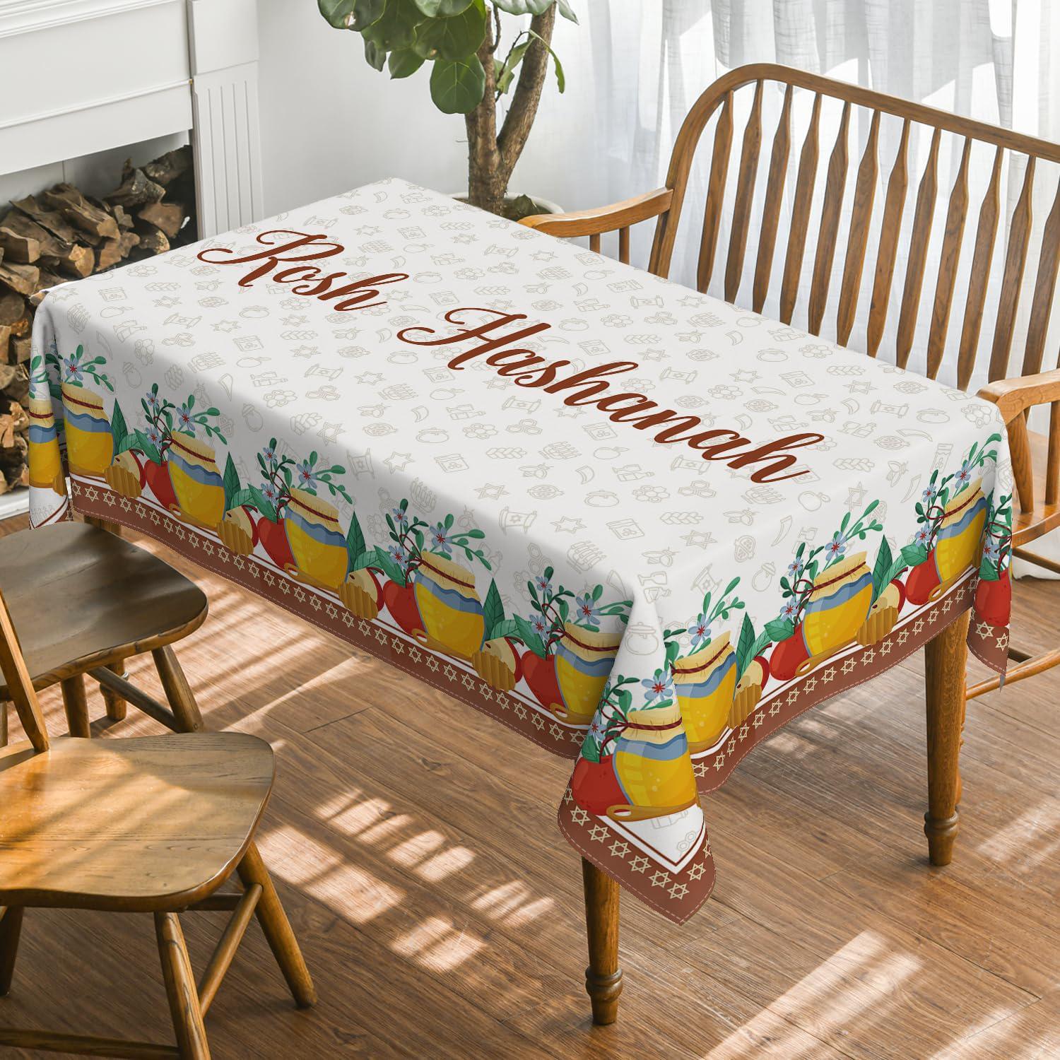 Rosh Hashanah Tablecloth, 60x84 Inch, Apple Pomegranate Honey Design (Washable)