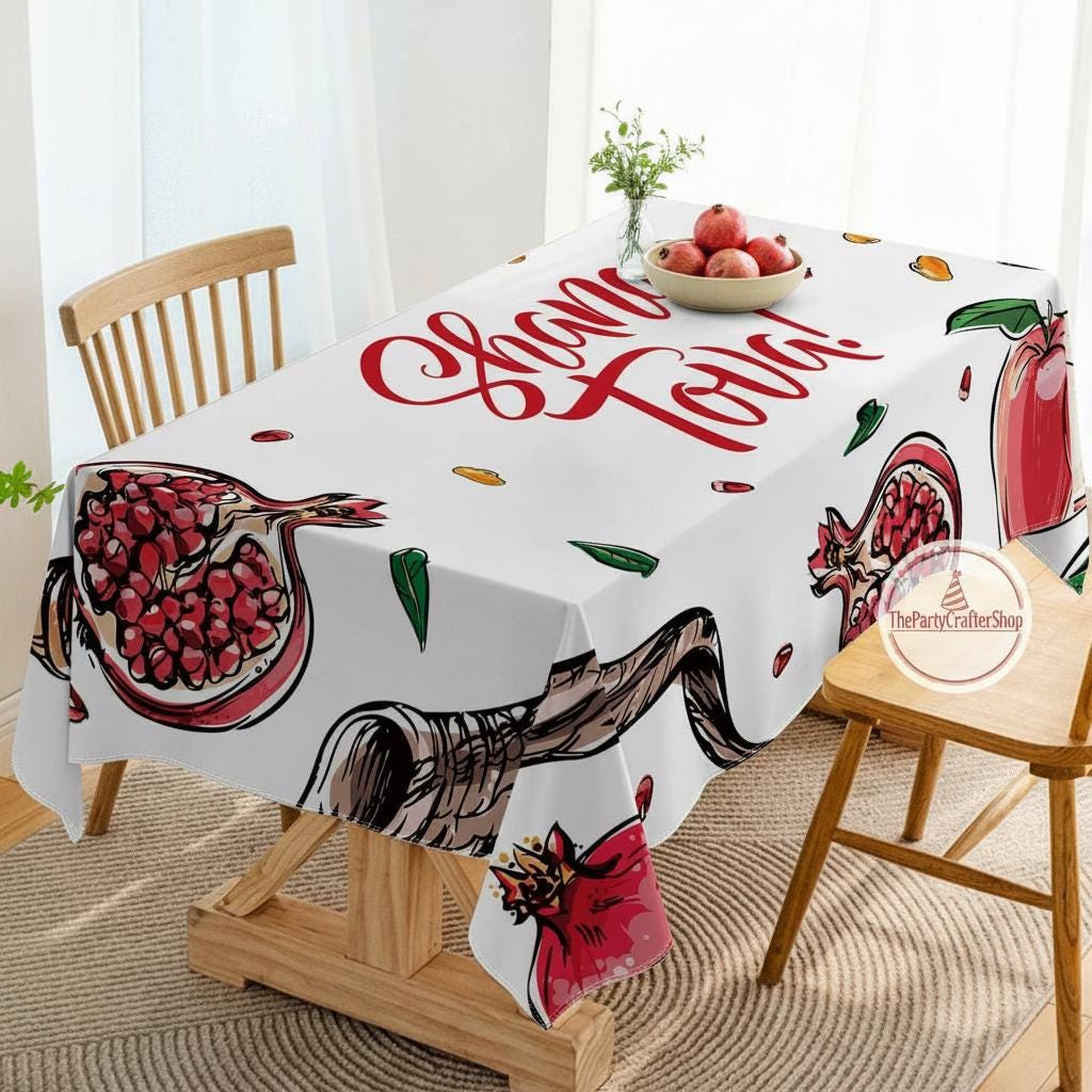 Shana Tova Tablecloth, Rosh Hashanah Pomegranate Shofar Decor